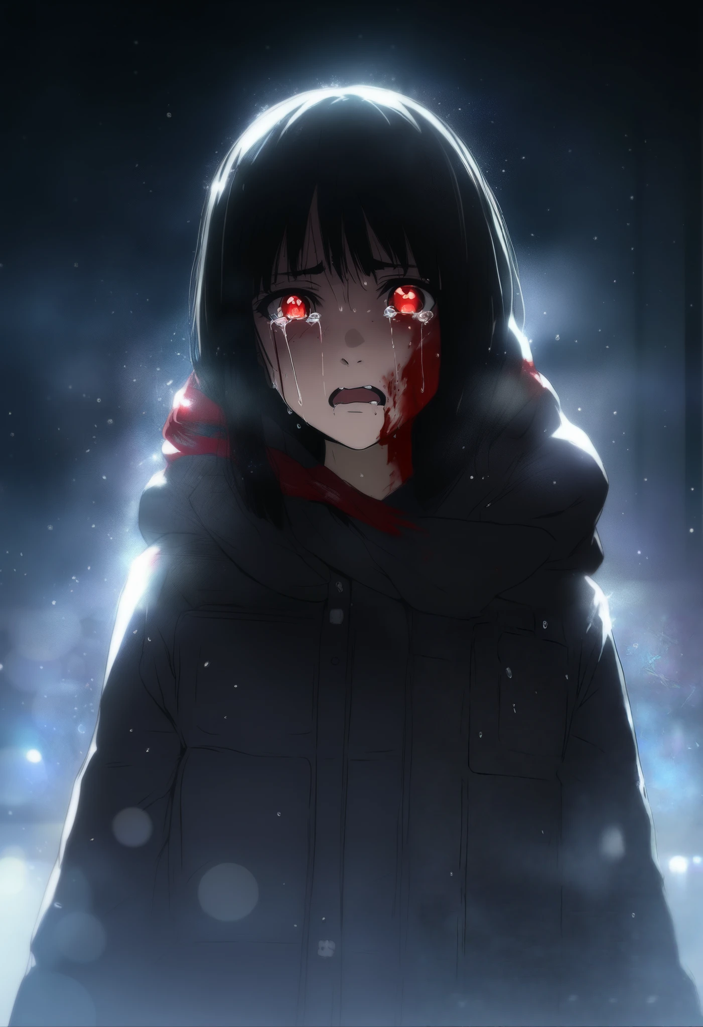 masterpiece, best quality, 1girl, momose_(oqo) official art, erere official art, grayscale, manga style, japanese, chi no wadachi, black eyes, glowing white pupils, street, iced, black hair, schoolbag, smile, crying, tears, tears streaming, blood, blood_from_mouth, bruise, nosebleed, lineart, face against the ground, looking at viewer, blood on face, black coat, black scarf, 35 years old, mature_female:1, tall, fair skinned, bokeh background, streaming, bob cut, light particles, centered, snowing, emotional anime scene, (very aesthetic, best quality, ultra detailed), intricate details, red and blue lights flashing, camera glare, finger_gun, pointing at viewer