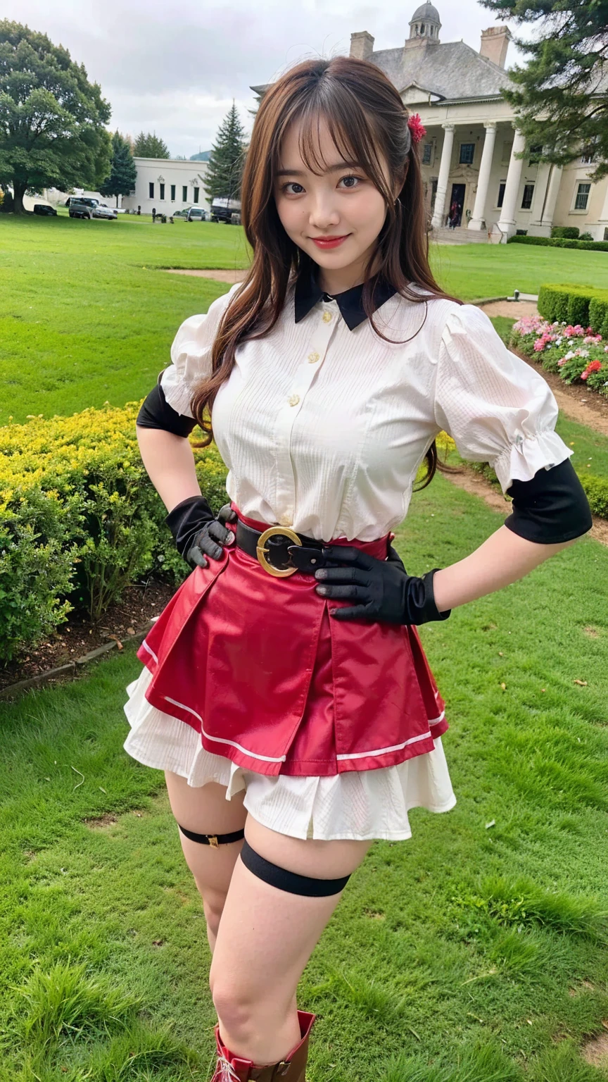 (8k、  RAW Photo from the Last Century 、 best quality、masterpiece:1.2)、(Realistic、Realistic)、1 person、((Black and Red、 see-through 、Frills、ribbon、 miniskirt that snaps around the knee、temple、 Big Breasts 、 Thin legs、curly hair、smile、 garter belt 、garden、Gloves、 boots 、  camera 、I'm standing with my hands on my hips、whole body )、cute