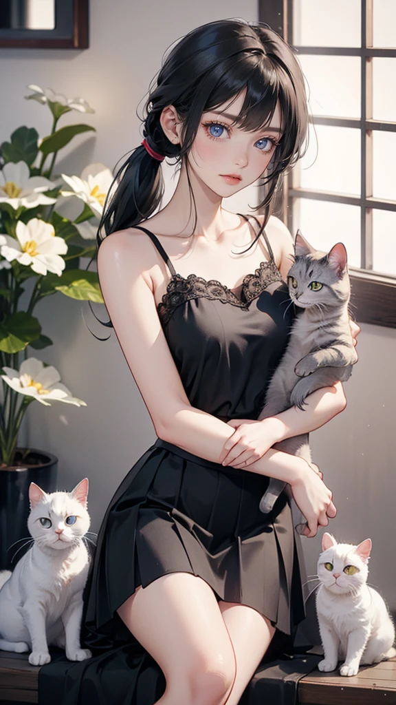 black hair, elegant Himalayan White cat in her arms , Smile, looking at cat, grey eyes, Pony tail hair, black hair, Camisole, Skirt