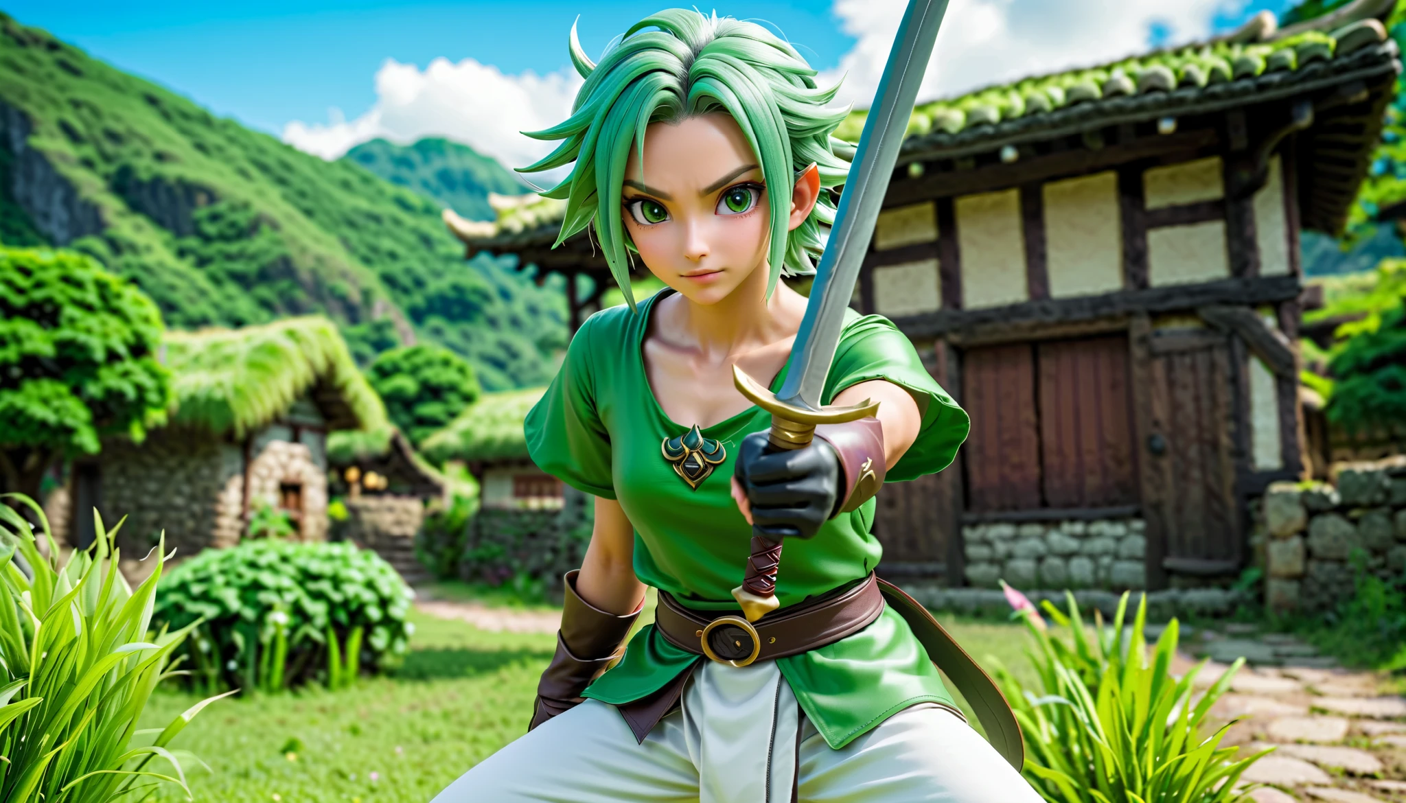 8K high resolution images ,  realist, Green clothes、 black cock、 white pants、Wearing、 dragon quest  、 Holding a Sword with Both Hands 、village、Green hair