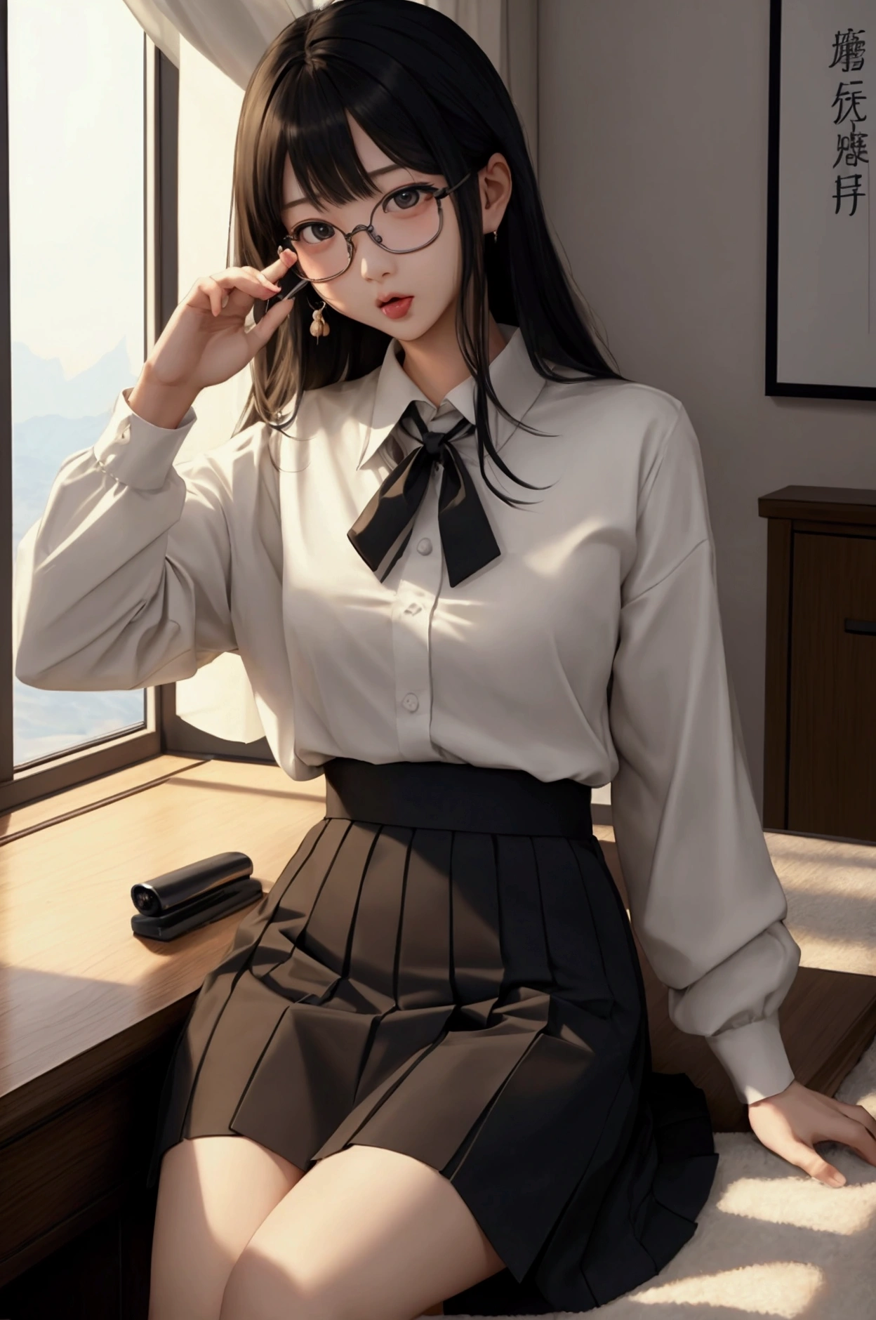 (( best quality)), ((傑 best quality、masterpiece、High sensitivity、 there is nothing、詳細な描写、   delicate facial description)), Slender women、Glasses、elite、president&#39;secretary、 On the desk、Disturbed、 stockings、 I rub my crotch with a pen 、Mouth half open、My tongue peeks out of my mouth 、Half naked、