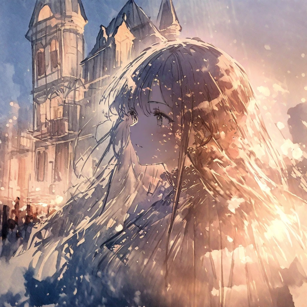 ((sketch:1.5)), ((watercolor:1)), Double Exposure of a Beautiful and Delicate Woman (The face is clear and perfect)image，Background、 Perfect Ultra Detailed Victorian Scenery , beautiful, beautiful笑顔, complicated illustration,  Artwork Concept Artwork, break,(If You're In Love 、 It Won't Be Hard If Your Home Is Far Away ),