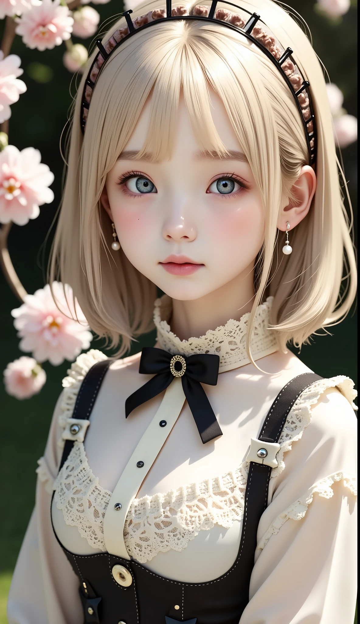 ( best quality、masterpiece、Super detailed、 one girl 、 cute face、Silky Short Blonde、(((  twin tail short hair、)))、 gray eyes、From the knee up、  gothic ta fashion  、 Very Detailed Eyes、Small red cheeks and nose、 cute face、