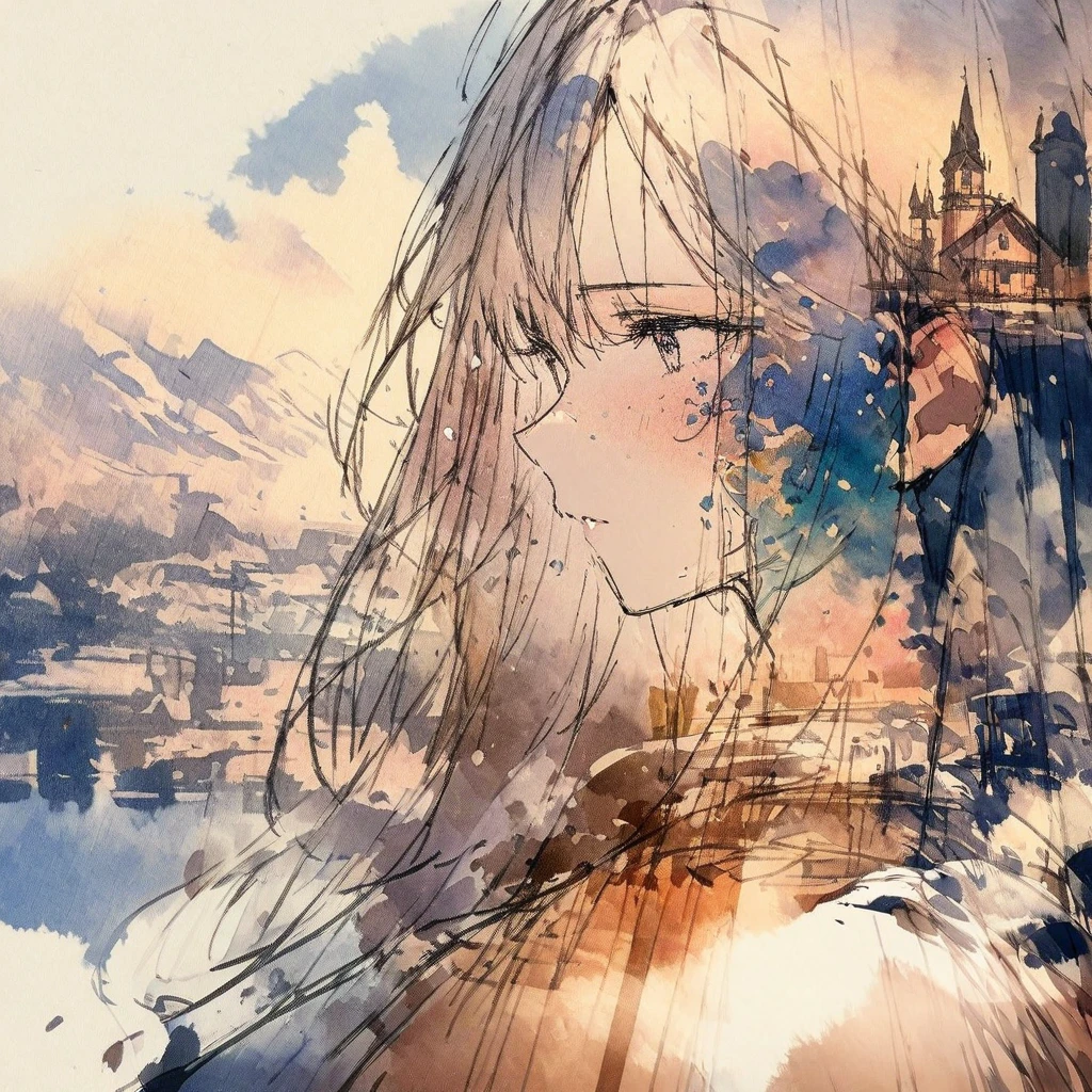 ((sketch:1.5)), ((watercolor:1)), Double Exposure of a Beautiful and Delicate Woman (The face is clear and perfect)image，Background、 Perfect Ultra Detailed Victorian Scenery , beautiful, beautiful笑顔, complicated illustration,  Artwork Concept Artwork, break,(If You're In Love 、 It Won't Be Hard If Your Home Is Far Away ),