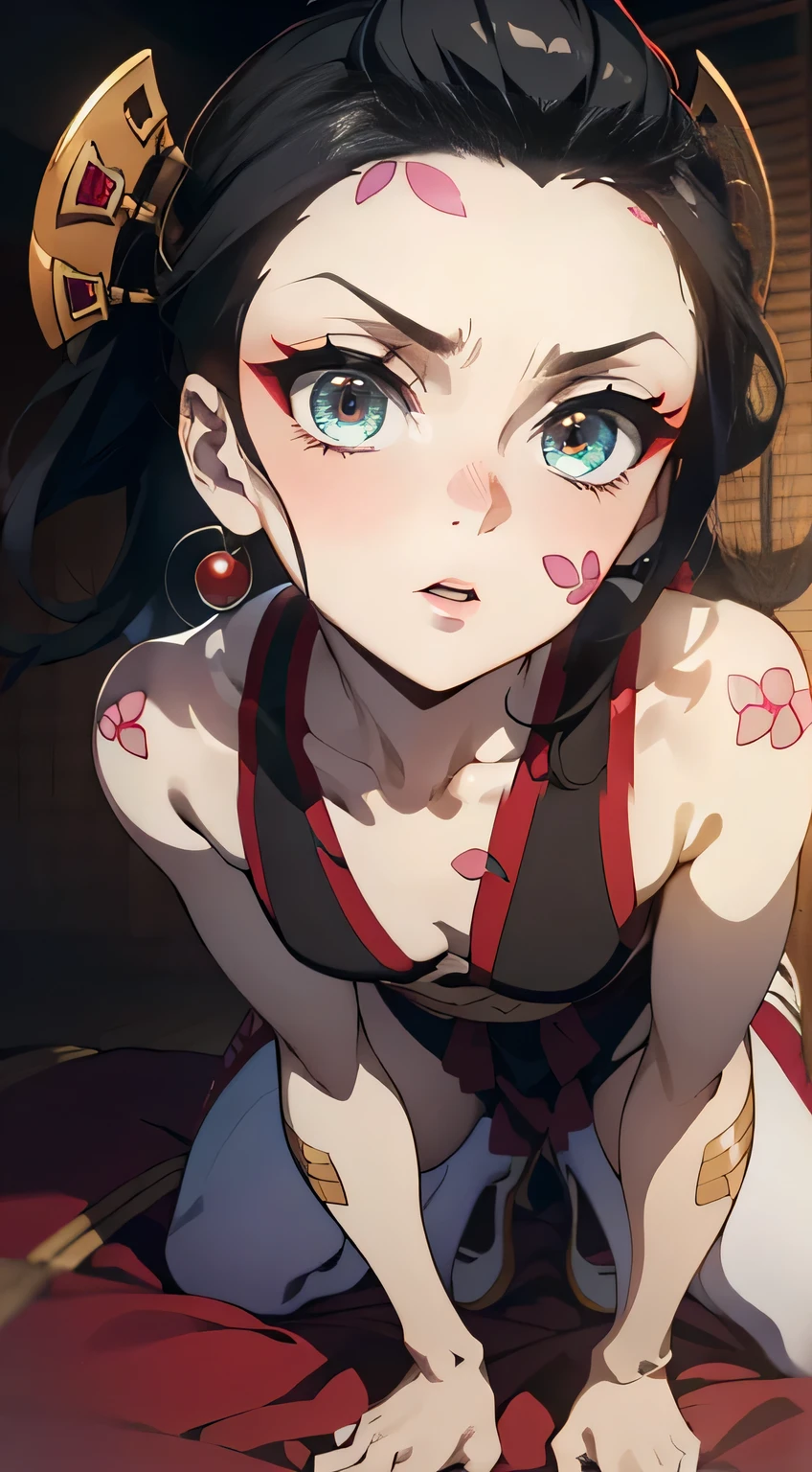 Daki,(((proportion of nine heads,small face))),smile,lying,on the Huton,Japanese bed,slim thighs,cute hip,full body ,sexy japanese clothes, Japanese style clothes, demon geisha, , Masterpiece, Demon Tattoo, looking a viewer, black hair, hair ornament, Jewelry, closed mouth, Green eyes, Yellow eyes, japanese clothes, kimono, makeup, lipstick, red-lips, hair stick,slender limbs, delicate curves, dainty hands,beautiful skin,anime style,anime coloring,Kyoto animation style,8k unity wallpaper,anime key visual,highest quality, High resolution, (shape:0.8),anime coloring,highly detailed face, detailed eyes,growing eyes,shiny skin,fine skin,white skin,dense skin,detailed hair,highly detailed legs,perfect lighting, Detailed CG, (perfect hands, perfect anatomy),High resolution,(Detailed wear ),