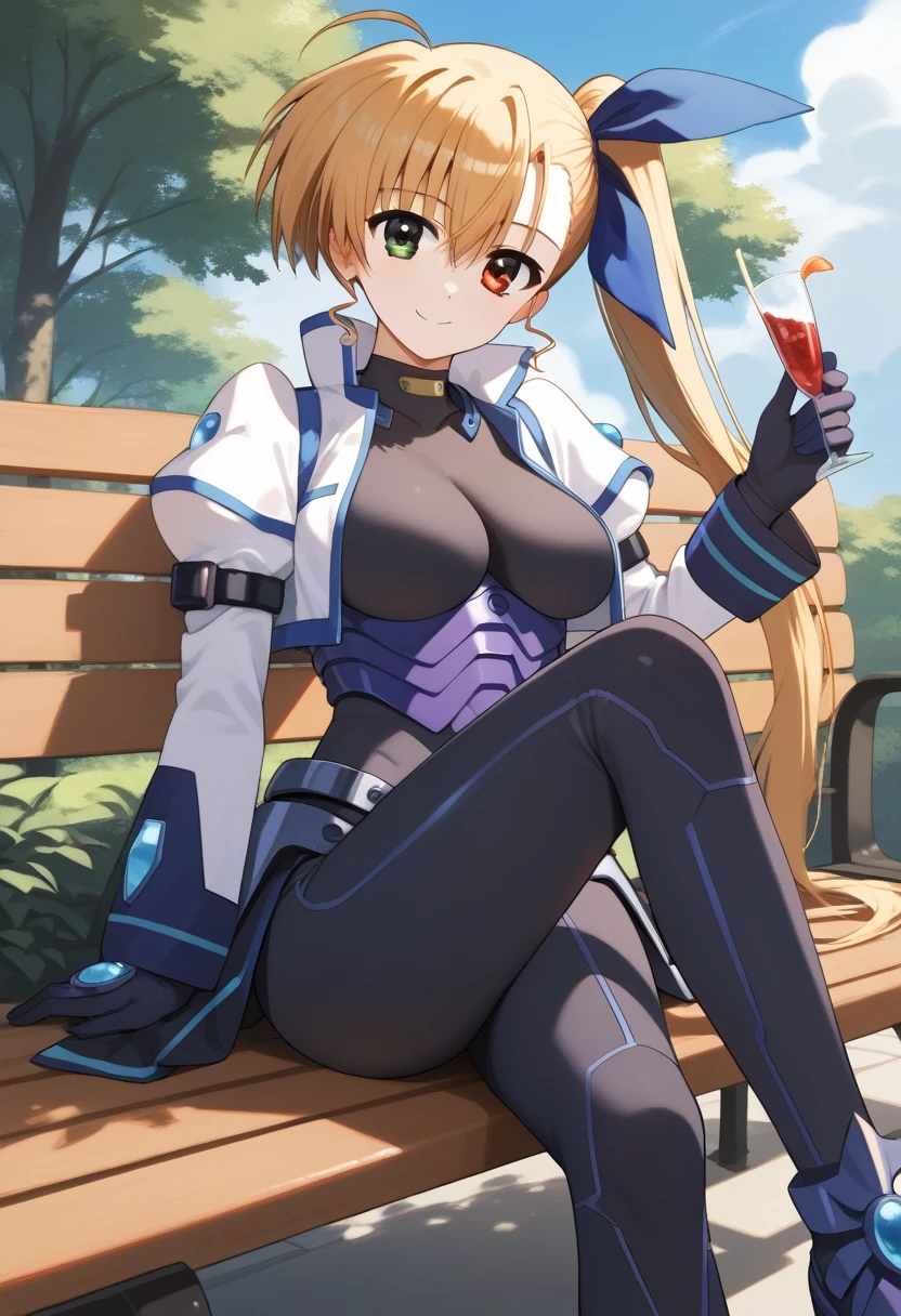  score_9,  score_8_up,  score_7_up,  score_6_up,  score_5_up,  score_4_up, sauce_Anime, bbvivio, aged up, Long Hair,  blond hair, Ahoge,   Side Ponytail ,   hair bow,  heterochromia,  Big Breasts ,  black bodysuit ,  cropped jacket ,   white jacket,  Puff Sleeves ,  Long Sleeve ,  black gloves , armor,  sitting, bench, Outdoor, smile, Wavy,