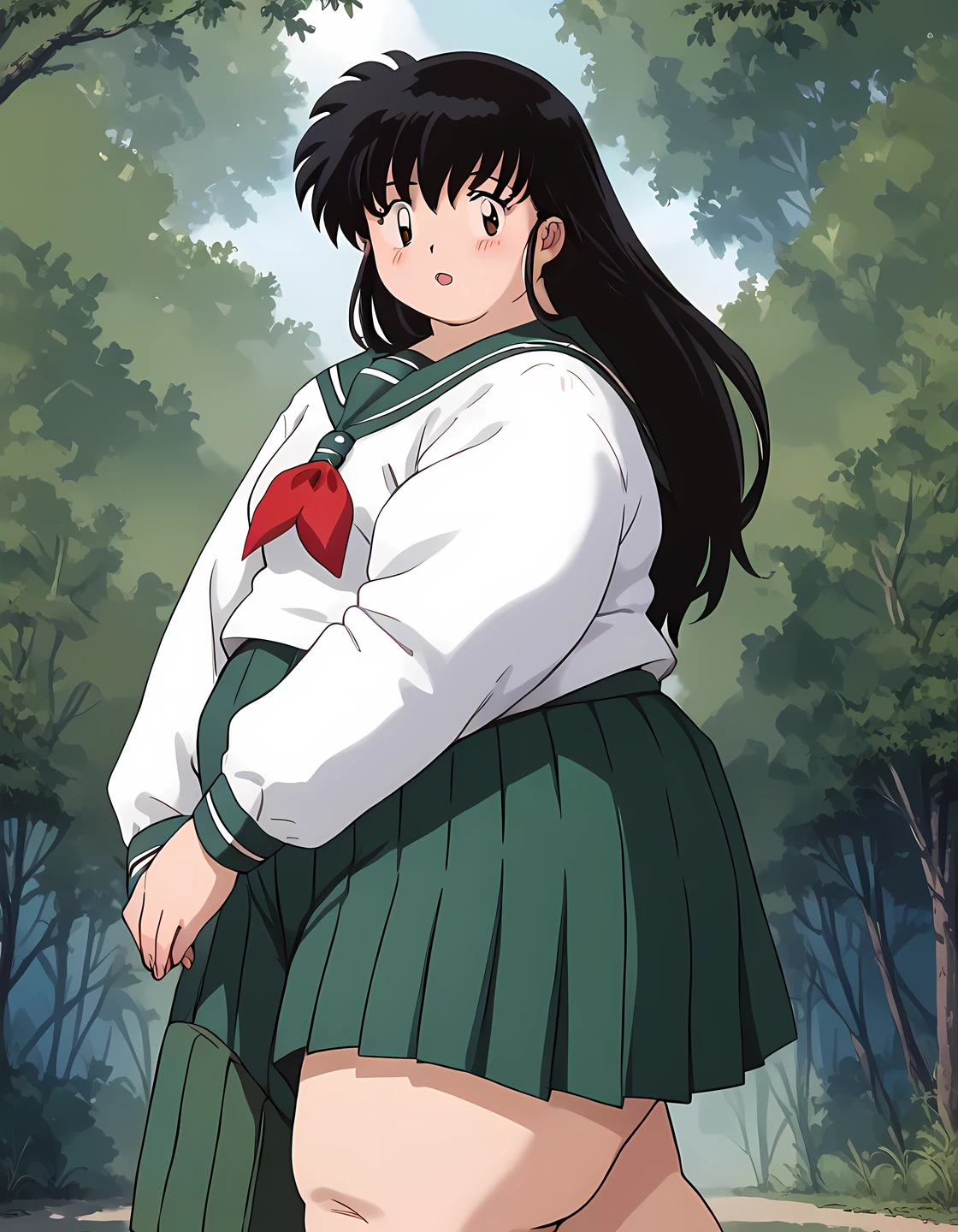 score_9, score_8_up, score_7_up, source_anime,
kagomehigurashi, kagome higurashi, long hair, black hair, retro artstyle, brown eyes, blush, open mouth,
skirt, shirt, long sleeves, school uniform, white shirt, pleated skirt, serafuku, sailor collar, neckerchief, green skirt, red neckerchief,
outdoors, forest, nature,
looking at viewer,  fat, chubby, obese, gigantic arms and legs,   perfect quality, detailed face, walking, side view