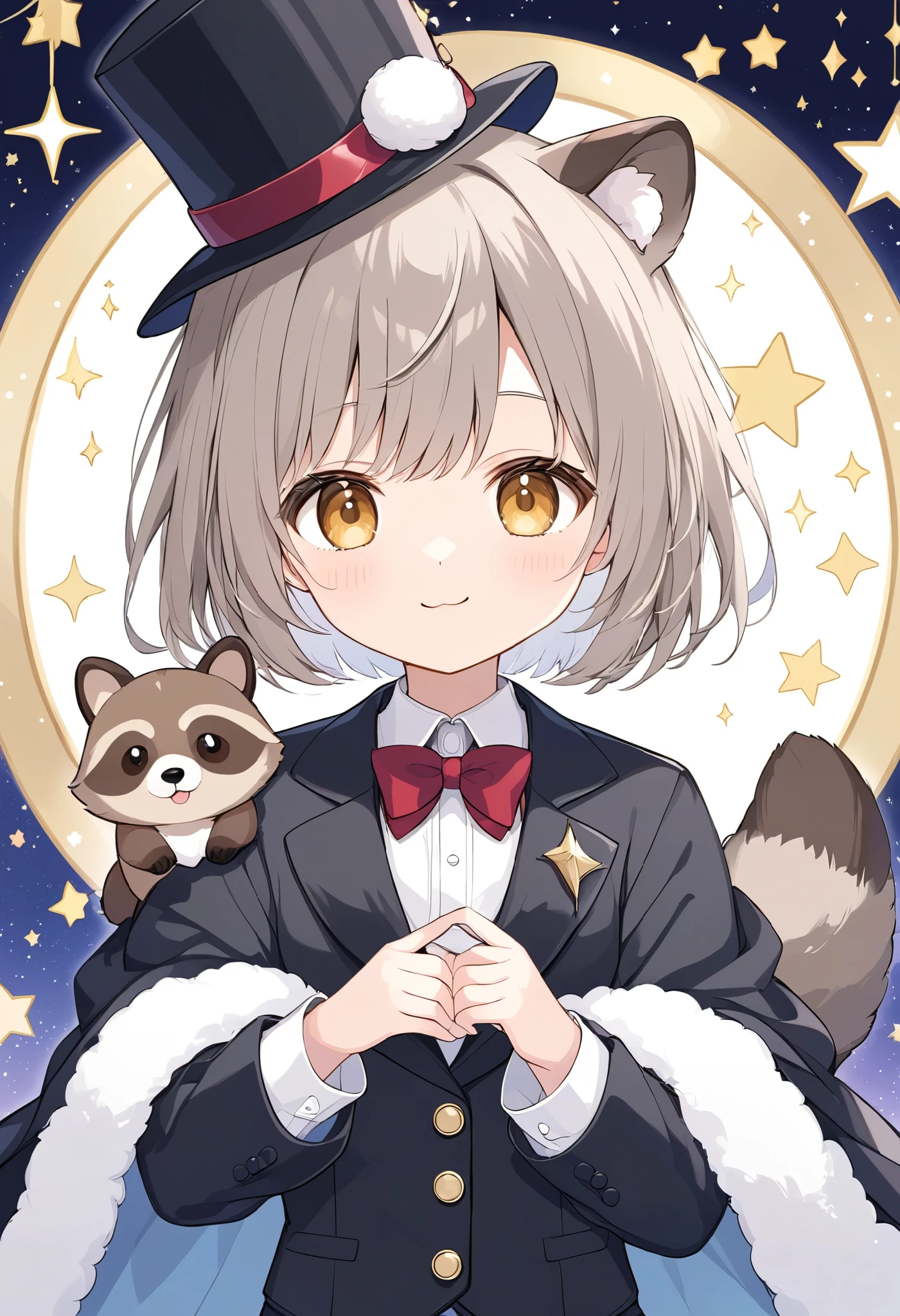  
 pale shade、Light line drawing、magician、手品をするraccoon dog、 wears a black tuxedo and hat、raccoon dog、 fluffy coat、cute,magic show background、dim