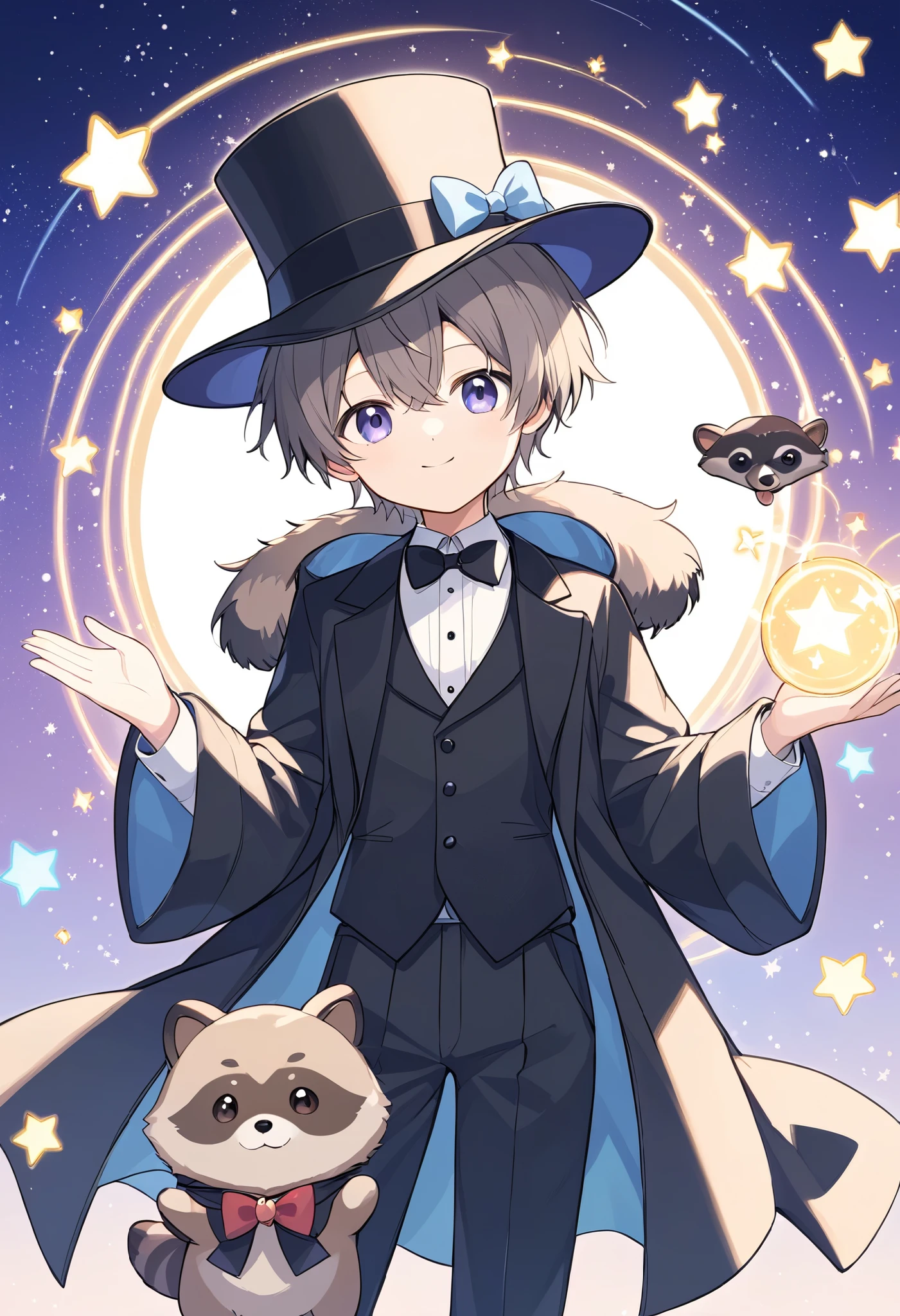  
 pale shade、Light line drawing、magician、手品をするraccoon dog、 wears a black tuxedo and hat、raccoon dog、 fluffy coat、cute,magic show background、dim