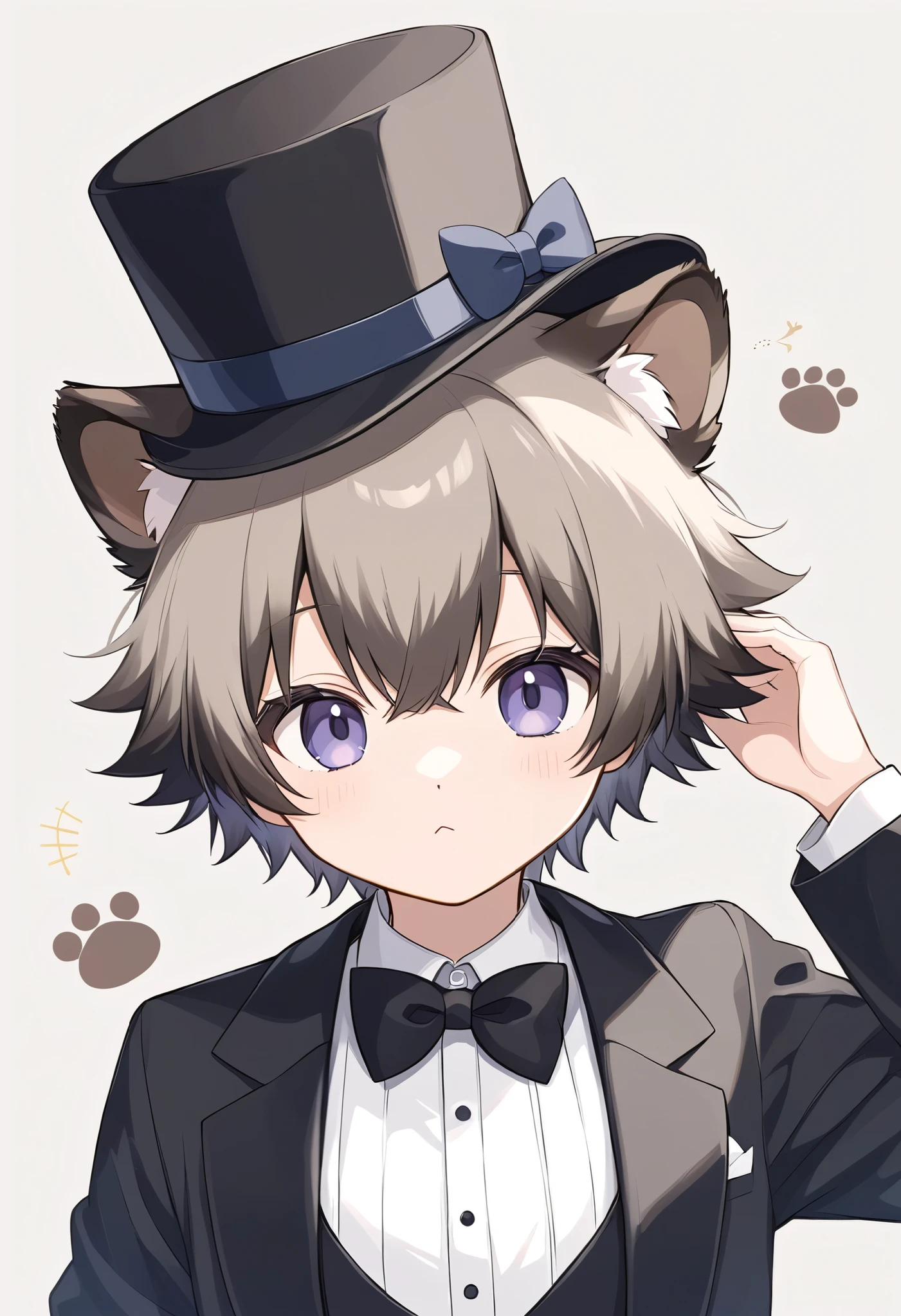  
 pale shade、Light line drawing、magician、手品をするraccoon dog、 wears a black tuxedo and hat、raccoon dog、 fluffy coat、cute