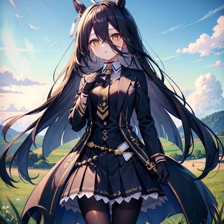 (( best quality)), ((masterpiece)), (  Details),( ultra high resolution)、 Manhattan cafe、
Ahoge、 horse tail、 black jacket 、 shirt、tie、Black gloves、skirt、 pantyhose、One earring、
whole body、 standing、( cowboy shot 1 · 3)、
blue sky、Beautiful grassland、８k、