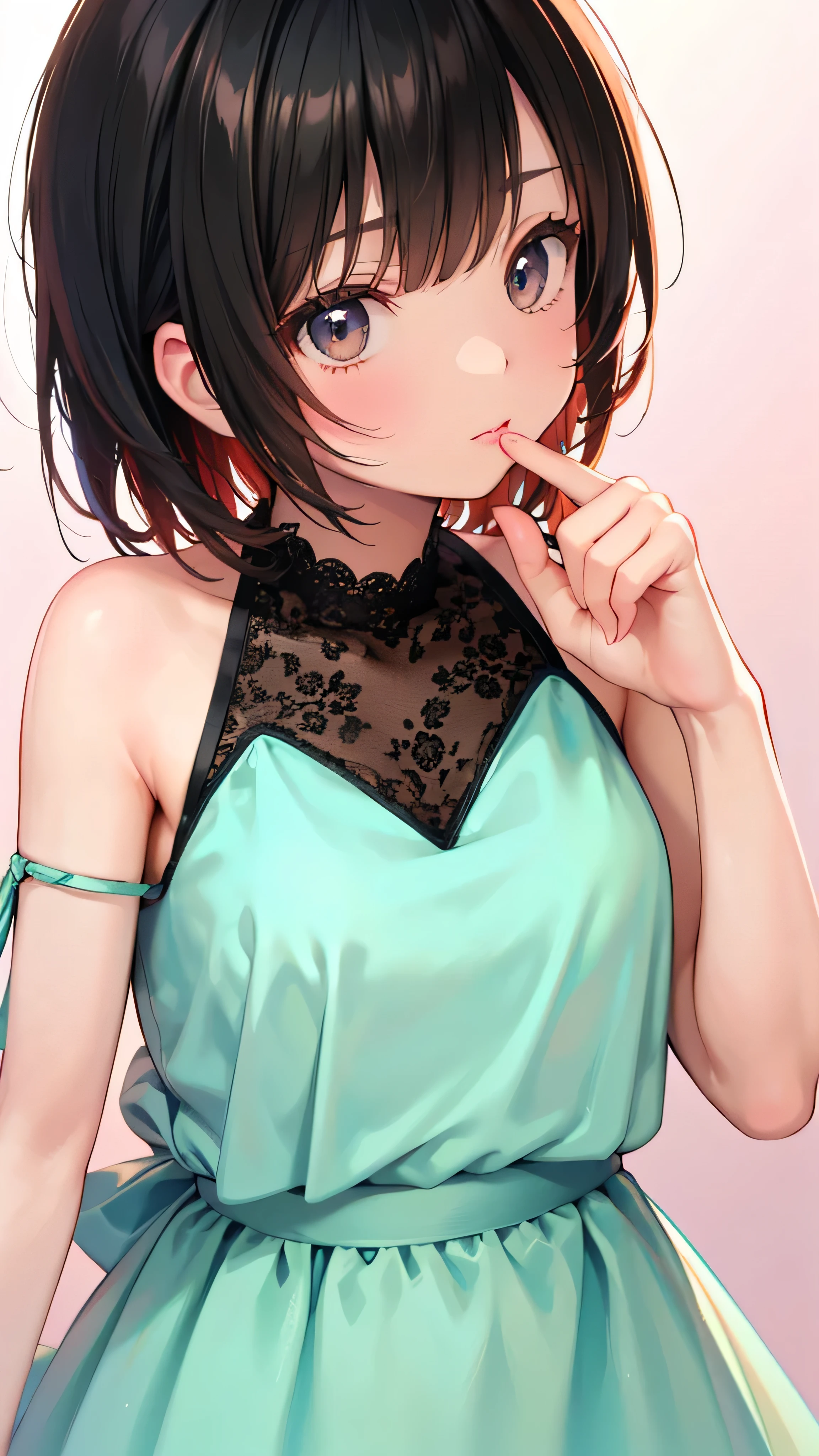 (masterpiece, Best Quality,  OFFICIAL ART:1.2),  one woman, plain background ,  super precise illustration, highly  Details,  Dynamic Angle, beautiful  Details, 8k, (Best Quality, masterpiece,  Hi-Res,  Details),  Anime Style , (beautiful details,  beautiful lip detail, Very detailed eyes and face), smooth brushstrokes, Black Hair,  dynamic angle that raises one leg terribly, (( vintage , plain background ),  in a gorgeous dress 