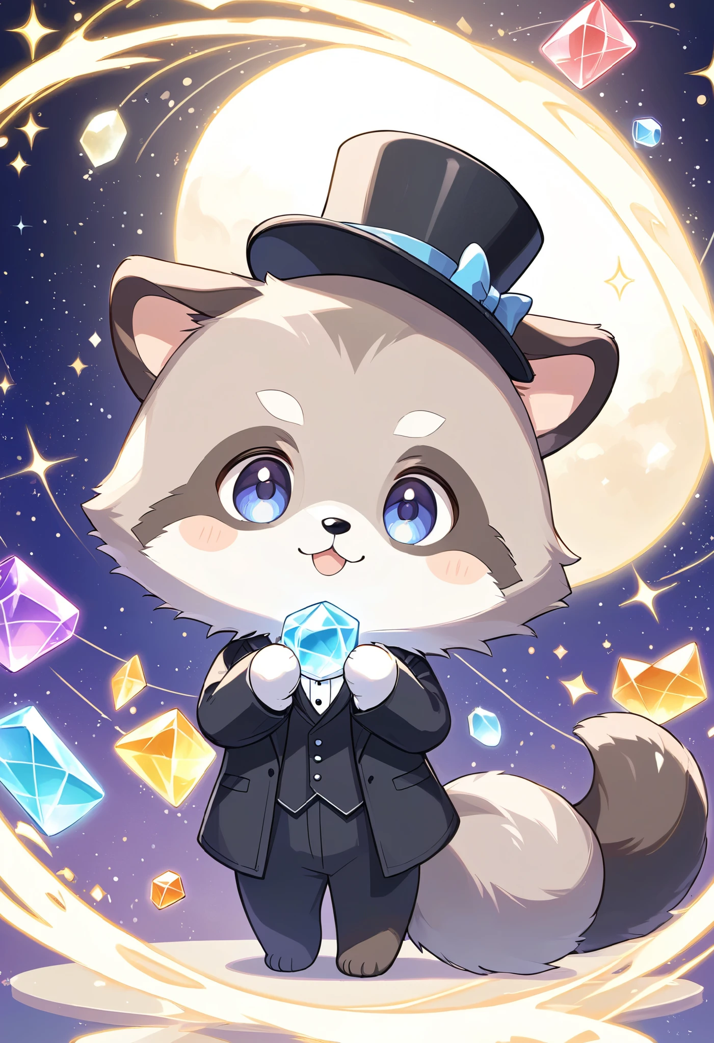  
 pale shade、Light line drawing、magician、手品をするraccoon dog、 wears a black tuxedo and hat、raccoon dog、 fluffy coat、cute,magic show background、dim