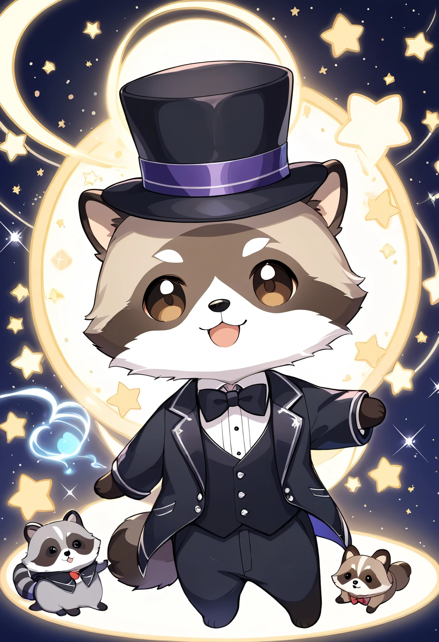  
 pale shade、Light line drawing、magician、手品をするraccoon dog、 wears a black tuxedo and hat、raccoon dog、 fluffy coat、cute,magic show background、dim