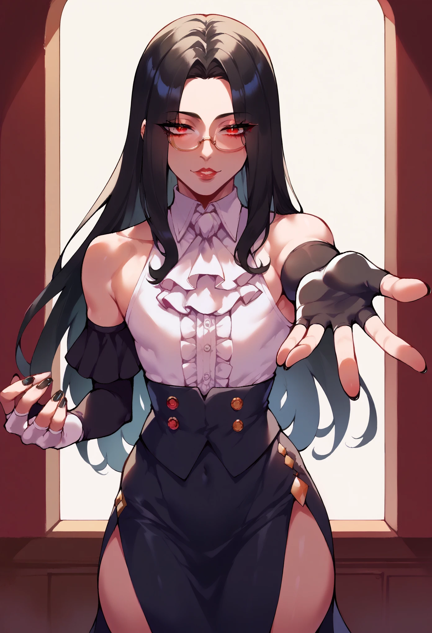 (score_9, score_8_up, seductive face, seductive expression, tall), ggtestament formal, androgynous male, detached sleeves, ascot, teashade glasses, white blouse, sleeveless, long black skirt, side slit, fingerless gloves, bare shoulders, black nails, black hair, puffy lips, wide hips, red eyes, hand outstretched, soft lighting, shadow, Nyantcha style, source_anime, 