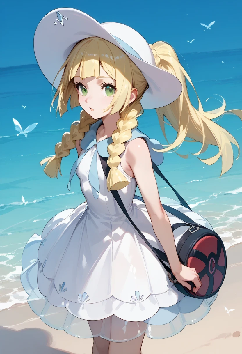 score_9, score_8_up, score_7_up, source_anime, lillie ,long hair/ponytail, blonde hair, green eyes, braid,twin braids, blunt bangs, hat, white headwear,dress, white dress, sleeveless, sleeveless dress, bag, see-through