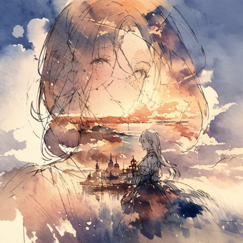 ((sketch:1.5)), ((watercolor:1)), Double Exposure of a Beautiful and Delicate Woman (The face is clear and perfect)image，Background、 Perfect Ultra Detailed Victorian Scenery , beautiful, beautiful笑顔, complicated illustration,  Artwork Concept Artwork, break,(Knowledge is only in human touch、Do a good job),