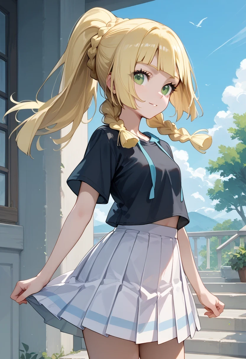 score_9, score_8_up, score_7_up, source_anime, lillie ,long hair/ponytail, blonde hair, green eyes, braid,twin braids, blunt bangs,shirt, skirt, white skirt, short sleeves, black shirt, pleated skirt, t-shirt

