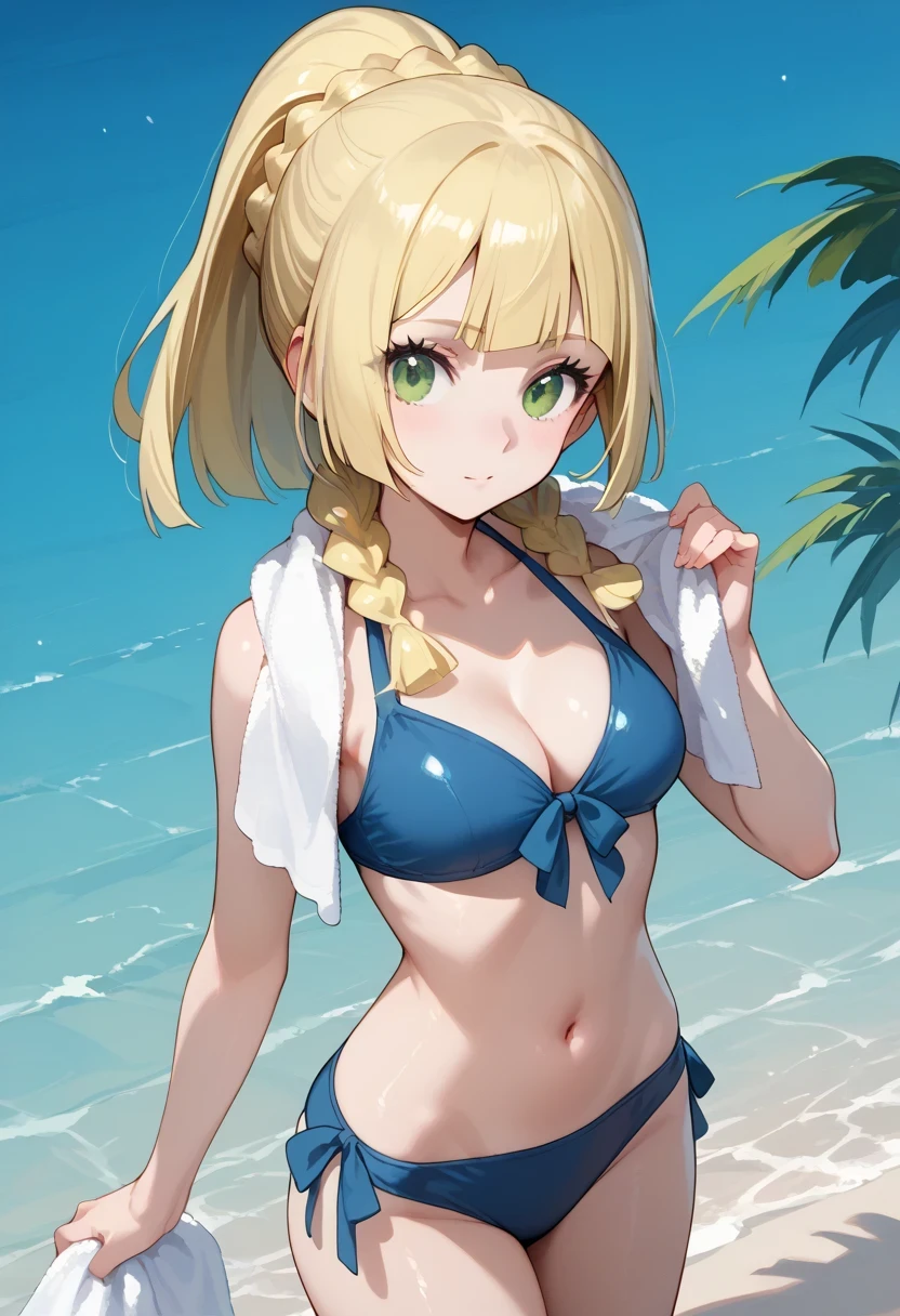 score_9, score_8_up, score_7_up, source_anime, lillie , long hair/ponytail, blonde hair, green eyes, braid,twin braids, blunt bangs, swimsuit, bikini, navel, collarbone, blue bikini, cleavage, holding, towel

