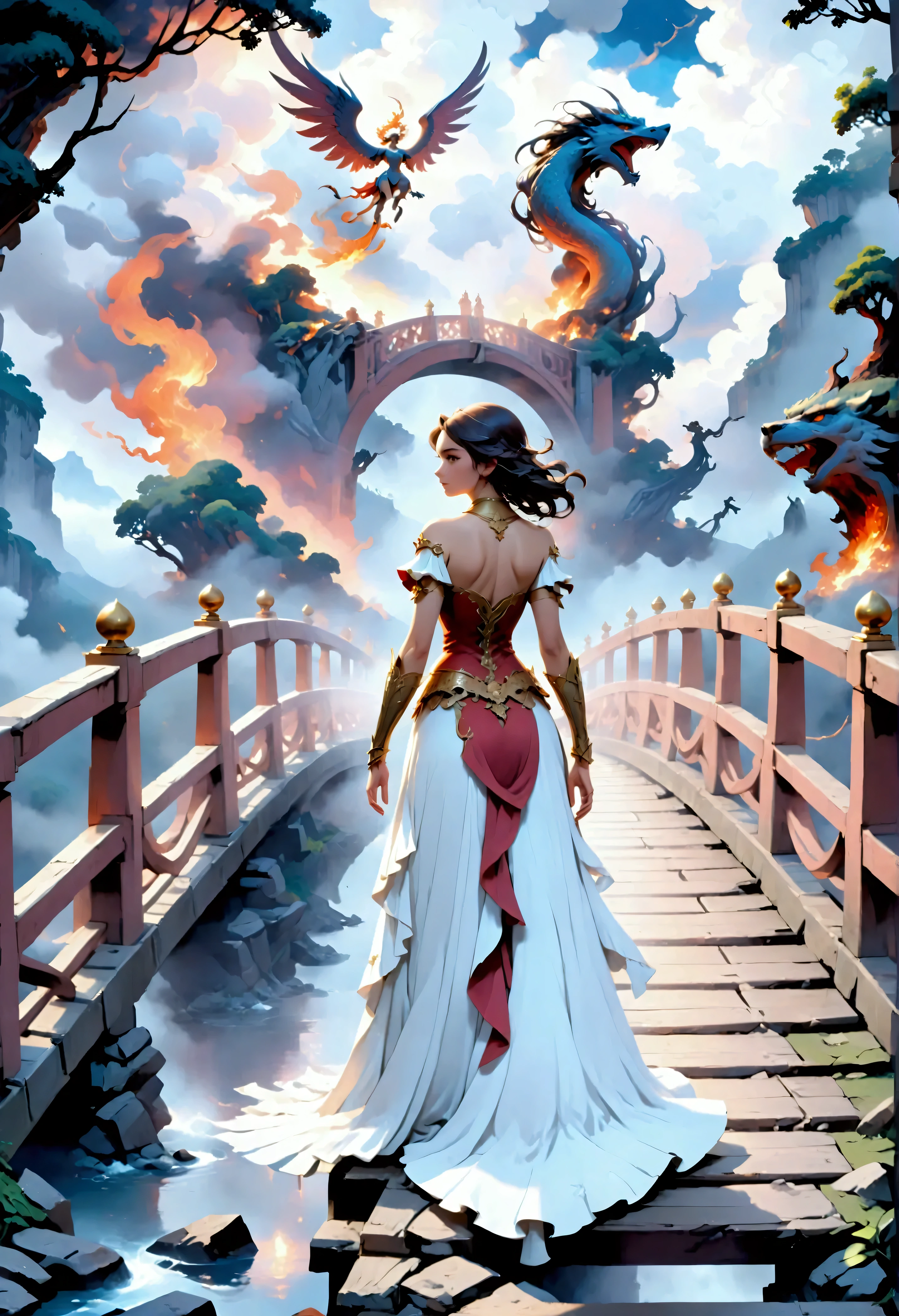 a picture ((a view from the side)), of wooden bridge between hell and heaven, from one side of the bridge inferno of hell and fire, from the other side of the bridge, celestial calm, heavenly clouds,  there is a river under the bridge, mist rising from the river, masking part of the bridge, a female angel stand guard,  best details, best quality, highres, 16k, (ultra detailed: 1.5), masterpiece, best quality, (extremely detailed) RAW, (ultra details, Masterpiece, best quality), 