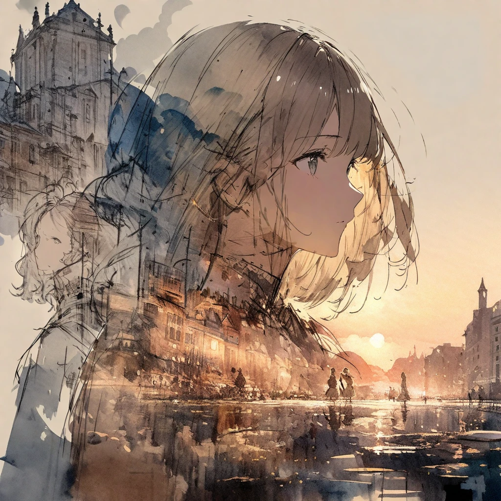 ((sketch:1.5)), ((watercolor:1)), Double Exposure of a Beautiful and Delicate Woman (The face is clear and perfect)image，Background、 Perfect Ultra Detailed Victorian Scenery , beautiful, beautiful笑顔, complicated illustration,  Artwork Concept Artwork, break,(Knowledge is only in human touch、Do a good job),