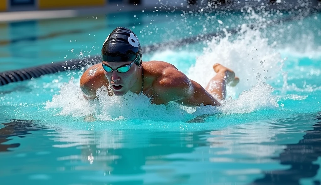 Realistic photography, sport photography, dynamic shot, Swimming competition, fast freestyle swimmer, front crawl, water splashes, dynamic shot, very shallow depth of field capturing only the swimmer, full body shot, fast capture photo, motion blur, shallow depth of field, bokeh, 8k, film grain, made by dslr