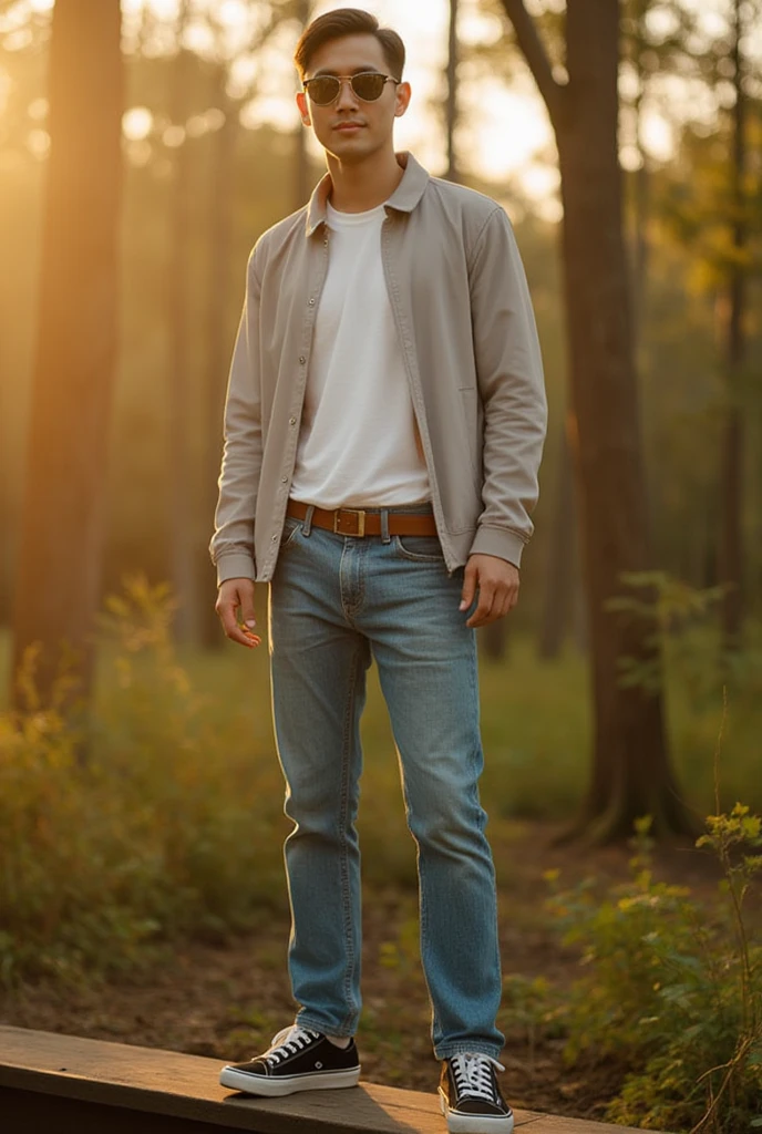 Realistic, Super 20K, Ultra HD, 22-year-old Thai man wearing a light grey jacket, sunglasses, white T-shirt, brown belt, black sneakers, and blue long jeans. He has short black hair, stands confidently with two feet on the wood, looking friendly at the camera. The background is a forest at dawn, like a vintage photo from the late 1980s.