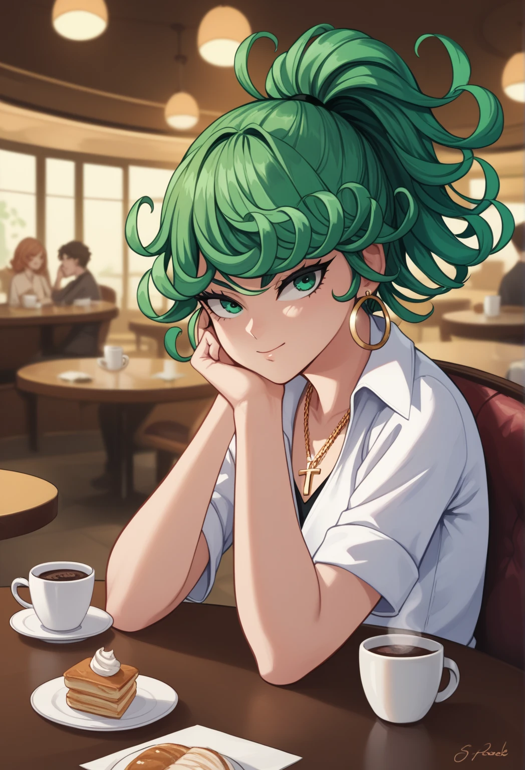 tatsumaki,green hair,curly hair,green eyes, long hair,small breast , Ponytail,
, earrings,hoop earrings,cross necklace,jewelry,poese, High Resolution, Masterpiece, High Quality, Bangs, Hair Over One Eye,  cafe, sitting, table, coffee, arm rest, hand on own cheek,
