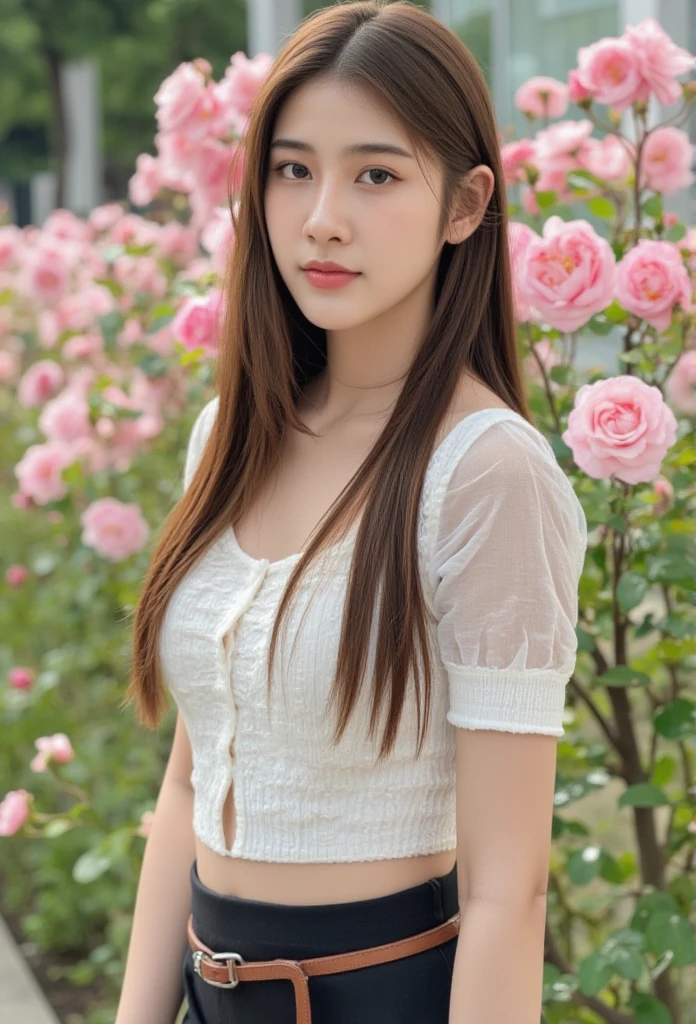 A photography of thai woman 18 years old standing outdoors in a garden setting filled with blooming pink roses in the background. She is wearing Mahalai uniform, sheer white short sleeve shirt, short black pencil skirt, brown belt, She has long, straight brown hair flowing naturally over her shoulders, and her expression is calm and confident as she looks directly at the camera. The image is soft focused, highlighting her figure while subtly blurring the pink roses in the background, creating a gentle and serene atmosphere. The lighting is soft and natural, enhancing the details of her outfit and the floral surroundings.