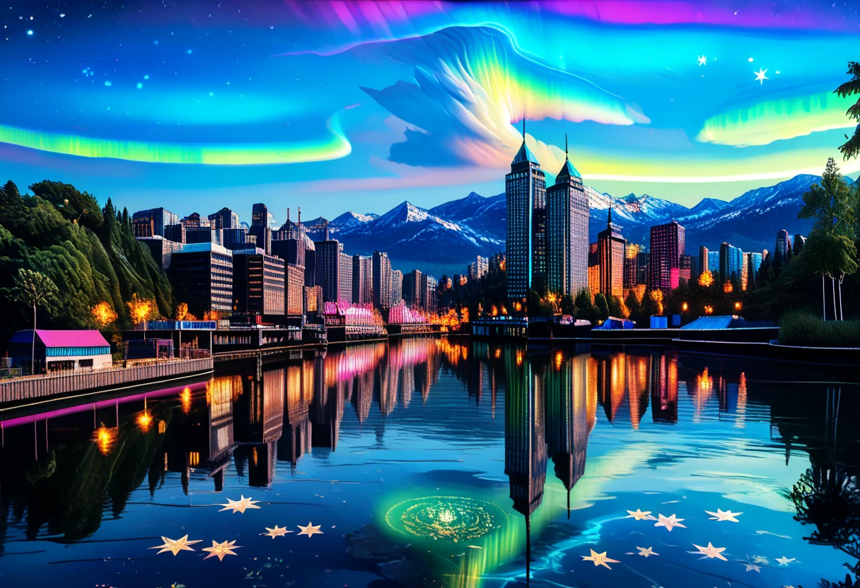 score_9, score_8_up, score_7_up, 3d, (Photo), (Scenic Background, View of Modern City surrounded by a lake, a large Modern Neon City at the center of the lake, with skyscrapers and tall buildings, aurora and stars fill the night sky: 1.3), extremely detailed, ray tracing, RTX, high saturation, high contrast, photon mapping, gloomy, (sharp image), (best quality), (detailed background), (intricate details), (lowkeylights_v2), (Dark), (Low-Key)
