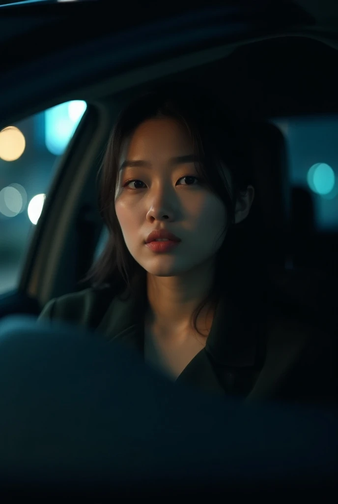 A picture of a 20-year-old female tycoon from South Korea in the back seat of a car driven by a private company at night, showing only half of her face