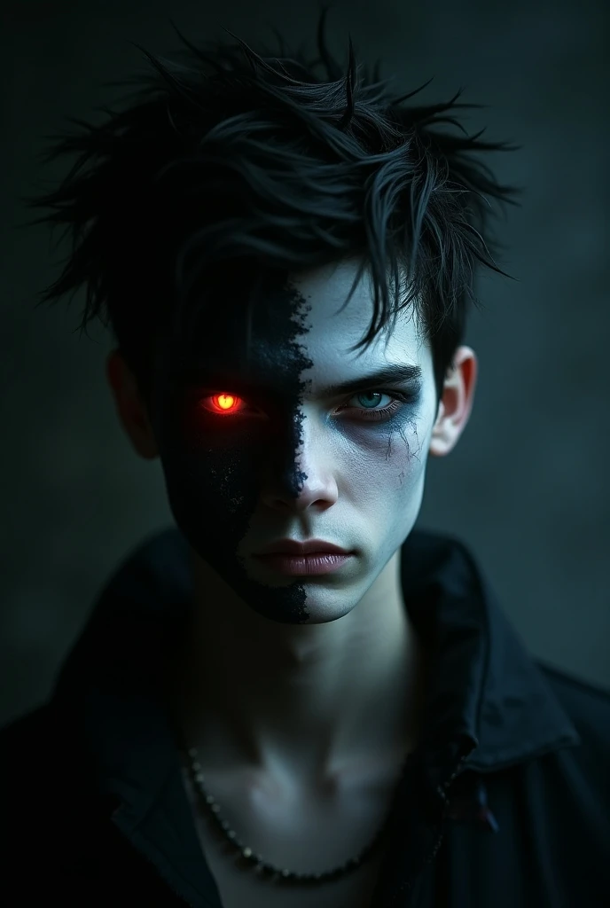 A man with black hair with red tips, he has one eye closed and the other eye is red and he has scars on his face.
