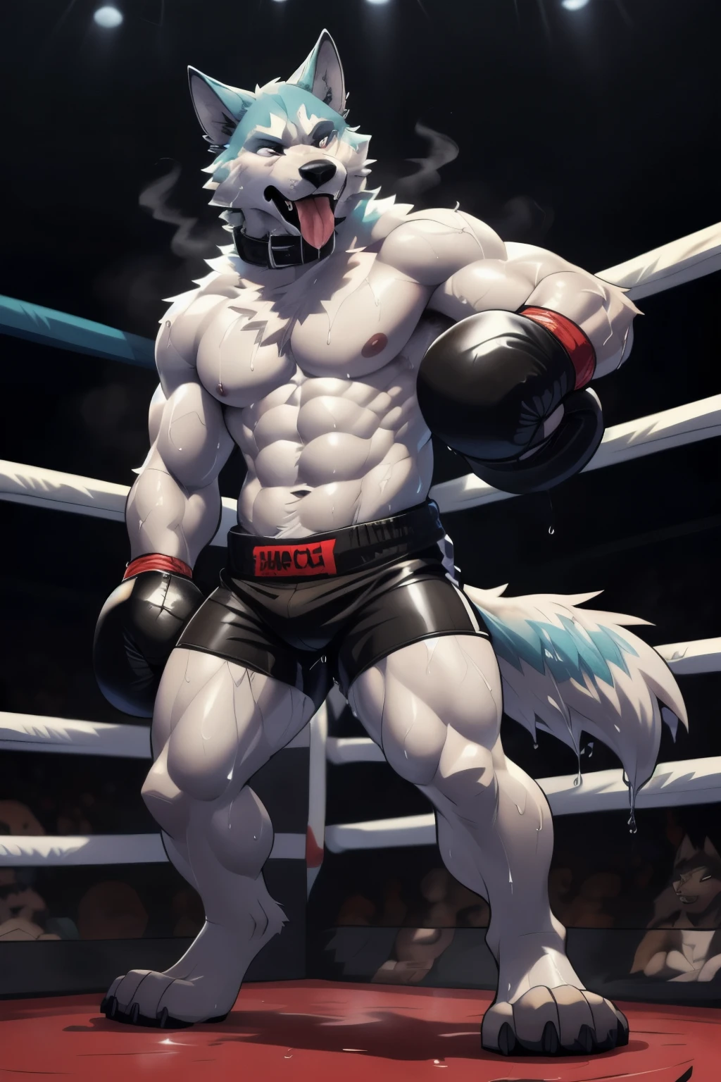 ((solo)), (anthro) wolf, shirou_ogami:1.8 (bna), adult, mature, masculine, slim:1.2, skinny:1.2, tall:1, (correct vascular veins, 
(cartoon fur, detailed fur texture:1.3), topless, wearing big black collar 
(shirtless, boxing gloves, compression shorts), ultradetailed, (by wfa:1.2), 
(by takemoto_arashi, by vorusuarts, by Traver009:1, by grimfaust:1), natural lighting 
(boxing_ring:1.4 background), (sweat:1.4, wet:1.6), (lots of sweat flowing down) exhausted, wolf head 
((open eyes, detailed):1.2), open mouth (steaming breath:1.2, drooling, dripping saliva, thick drool)
 tongue sticking out, (serious:1.4) expression), grumpy, sad, lying down, collapsed, defeat ripped shorts, showing paws, paws to the viewer (four toes)) (big paws)) Detailed paws, black claws 