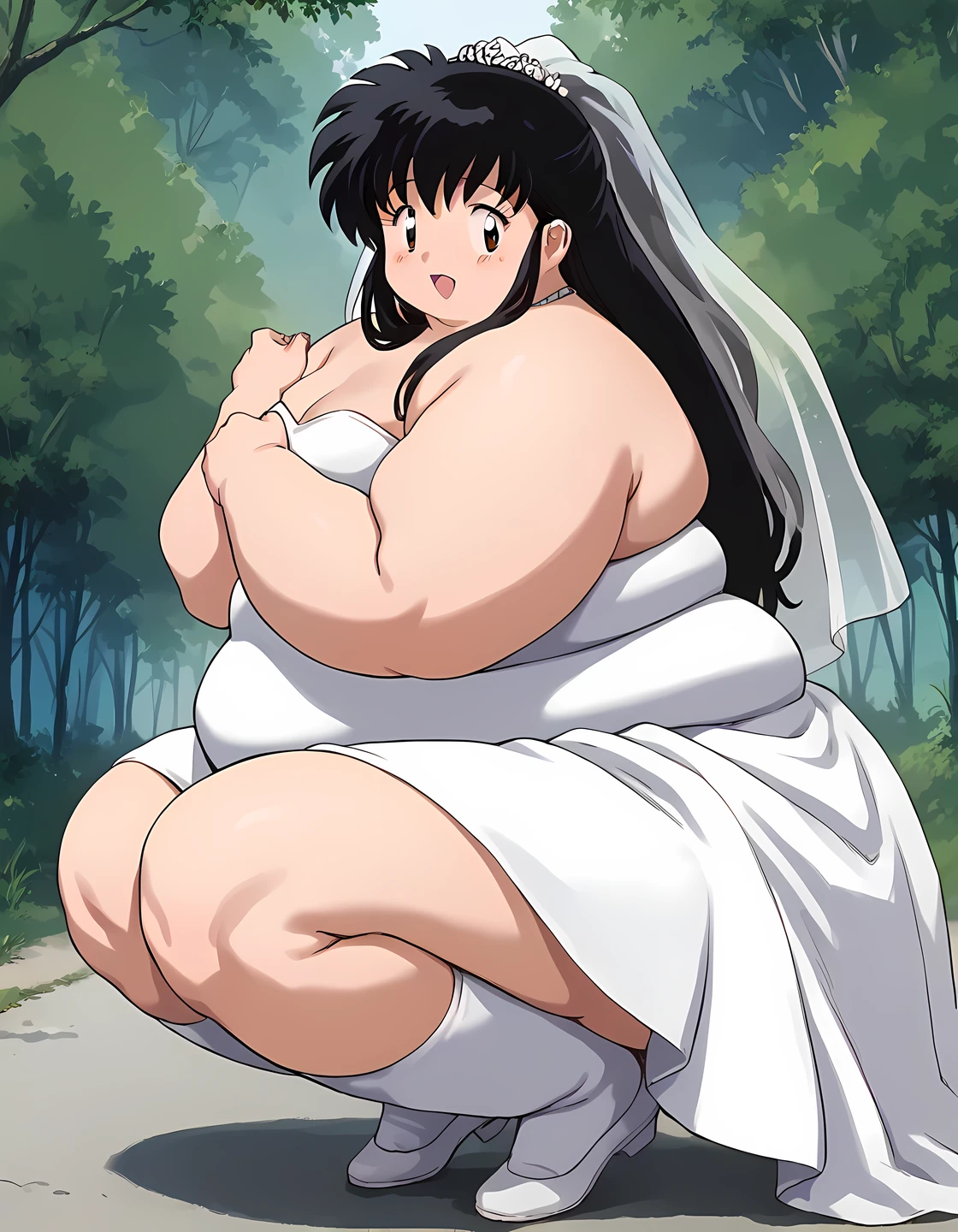 score_9, score_8_up, score_7_up, source_anime,
kagomehigurashi, kagome higurashi, long hair, black hair, retro artstyle, brown eyes,  open mouth,
wedding dress,
outdoors, forest, nature,
looking at viewer,  fat, chubby, obese, gigantic arms and legs,  blush, detailed face, perfect quality, side view, squatting