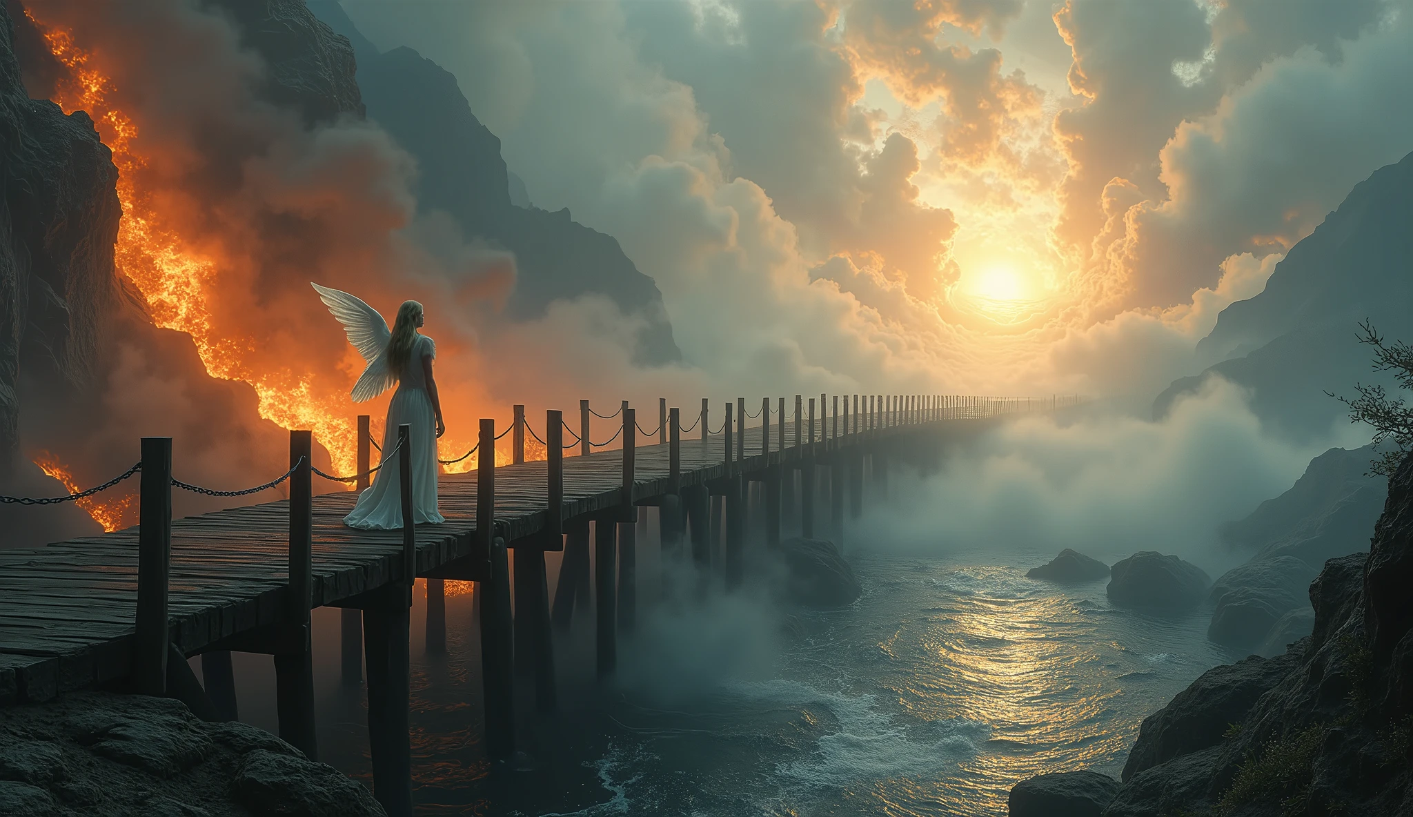 a picture ((a view from the side)), of wooden bridge between hell and heaven, from one side of the bridge inferno of hell and fire, from the other side of the bridge, celestial calm, heavenly clouds,  there is a river under the bridge, mist rising from the river, masking part of the bridge, a female angel stand guard,  best details, best quality, highres, 16k, (ultra detailed: 1.5), masterpiece, best quality, (extremely detailed) RAW, (ultra details, Masterpiece, best quality), 