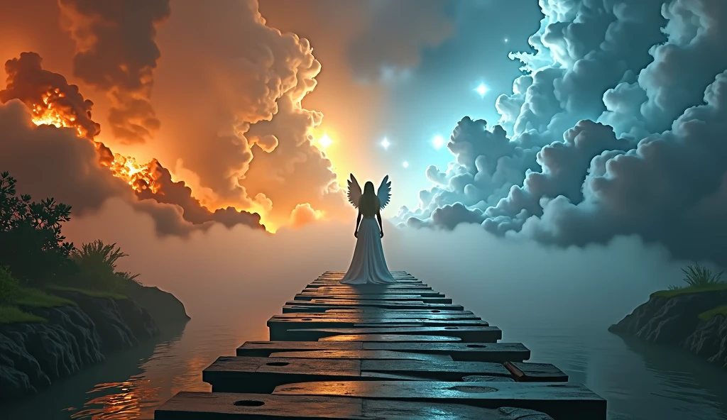 a picture ((a view from the side)), of wooden bridge between hell and heaven, from one side of the bridge inferno of hell and fire, from the other side of the bridge, celestial calm, heavenly clouds,  there is a river under the bridge, mist rising from the river, masking part of the bridge, a female angel stand guard,  best details, best quality, highres, 16k, (ultra detailed: 1.5), masterpiece, best quality, (extremely detailed) RAW, (ultra details, Masterpiece, best quality), 