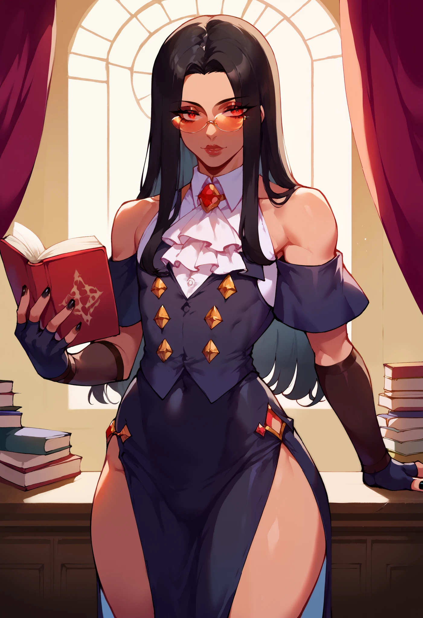 (score_9, score_8_up, seductive face, seductive expression, tall), ggtestament formal, androgynous male, detached sleeves, ascot, teashade tinted glasses, white blouse, sleeveless, long black skirt, side slit, fingerless gloves, bare shoulders, black nails, black hair, puffy lips, wide hips, red eyes, reading book, library, soft lighting, shadow, Nyantcha style, source_anime, 