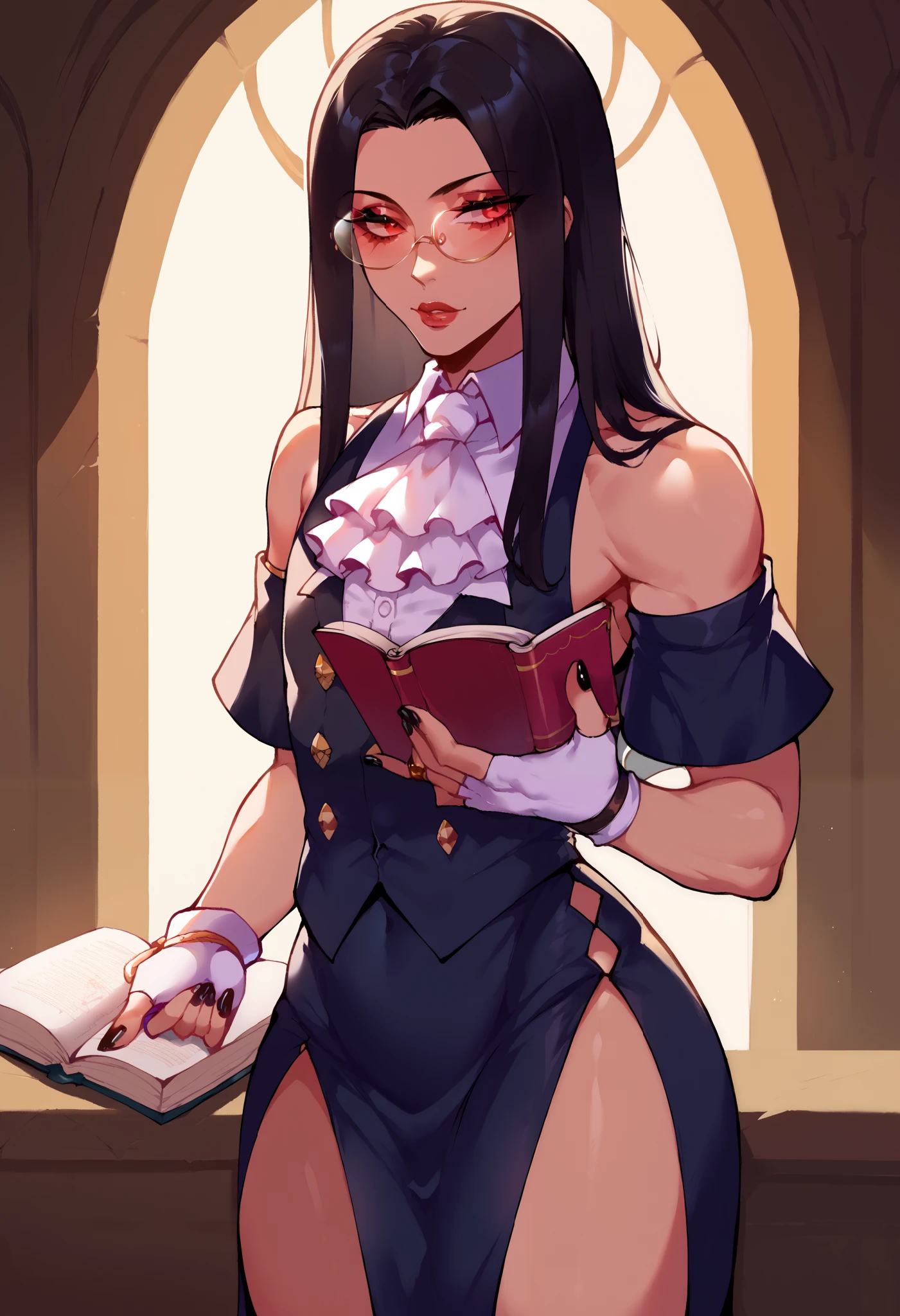 (score_9, score_8_up, seductive face, seductive expression, tall), ggtestament formal, androgynous male, detached sleeves, ascot, teashade tinted glasses, white blouse, sleeveless, long black skirt, side slit, fingerless gloves, bare shoulders, black nails, black hair, puffy lips, wide hips, red eyes, reading book, library, soft lighting, shadow, Nyantcha style, source_anime, 