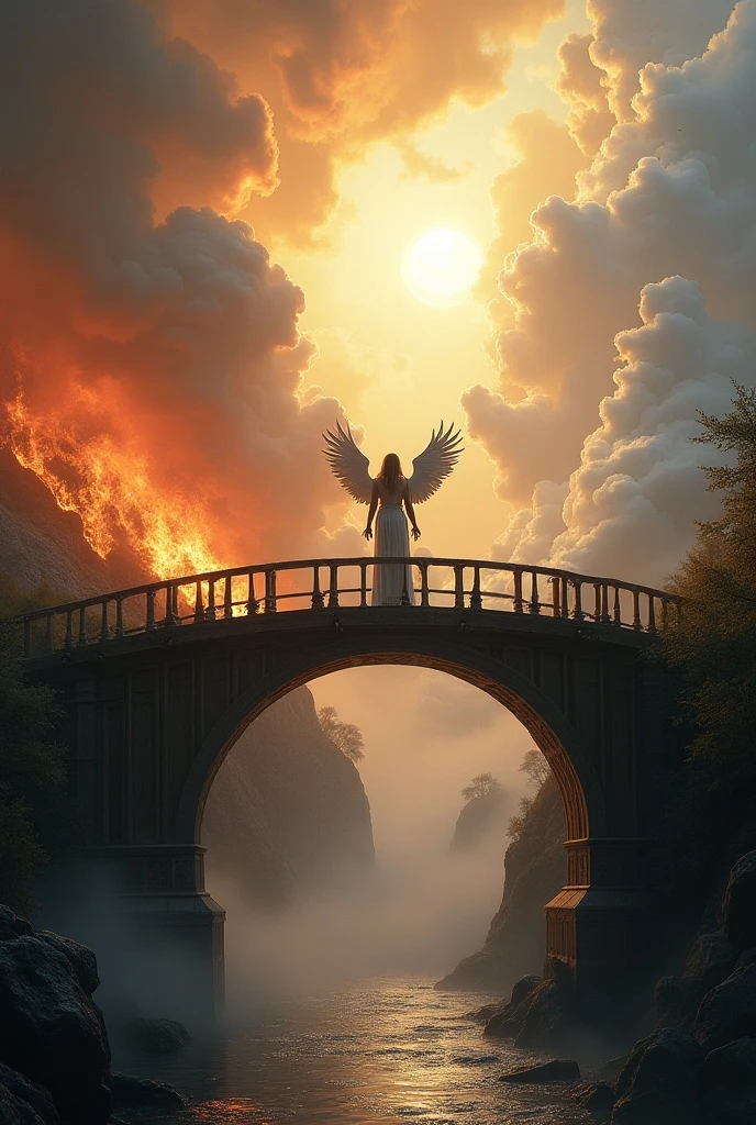 a picture ((a view from the side)), of wooden bridge between hell and heaven, from one side of the bridge inferno of hell and fire, from the other side of the bridge, celestial calm, heavenly clouds,  there is a river under the bridge, mist rising from the river, masking part of the bridge, a female angel stand guard,  best details, best quality, highres, 16k, (ultra detailed: 1.5), masterpiece, best quality, (extremely detailed) RAW, (ultra details, Masterpiece, best quality), 