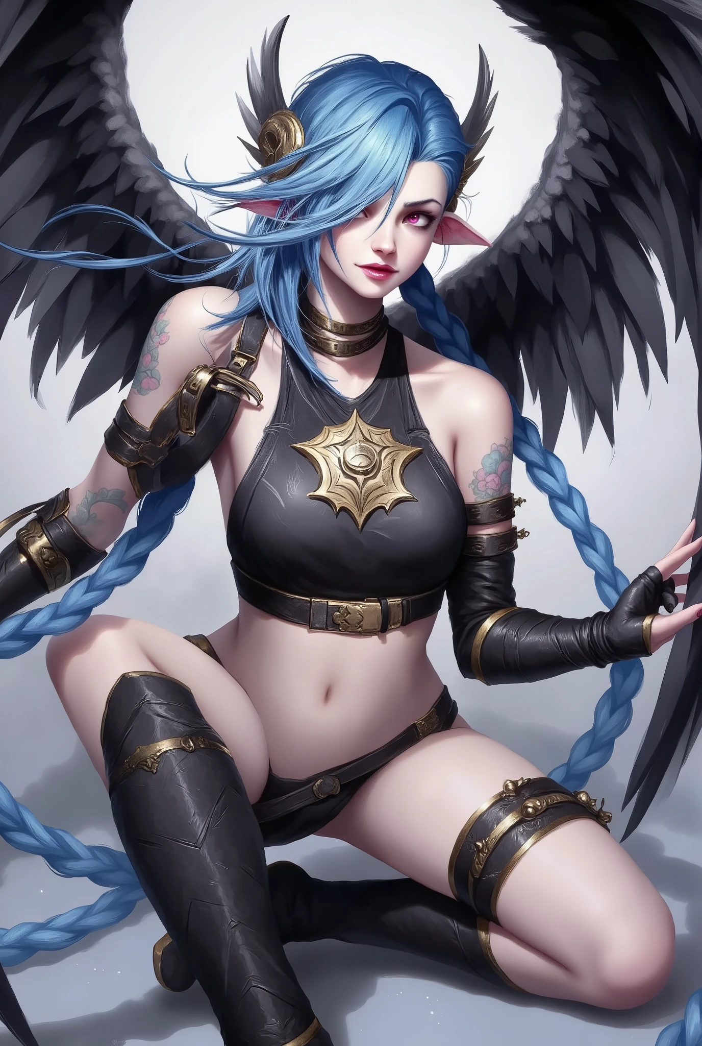 A demon woman, with horns, white angle wings floating between heaven and hell, big breasts and ass, beautiful and extraordinarily detailed eyes, cartoon style, anime style, with blue hair, digital drawing, colored background, sexual expression.