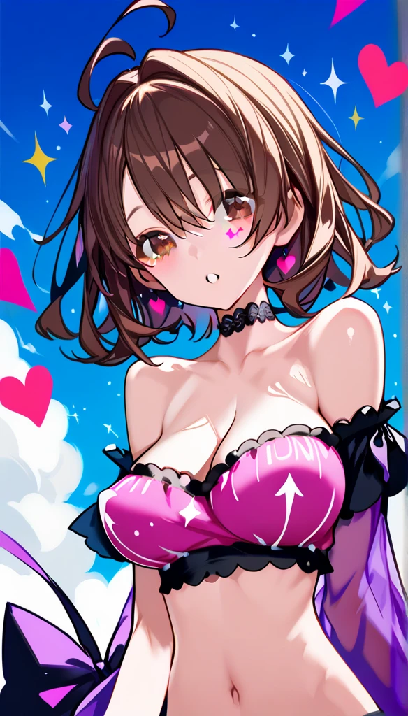 (score_9, score_8_up, score_7_up, score_6_up, score_5_up, score_4_up, just describe what you want, tag1, tag2, highest quality, Best quality, masterpiece,) BREAK she has large breasts, (((perky breasts))), ((covered nipples)), (cleavage) BREAK , slender waist, skinny,  , round face, brown eyes , BREAK ( ( happy), (open eye), (parted lips), ) BREAK (messy chignon , hind hair, ) BREAK ((((extremely extremely close-up face, bust-up , looking at viewer, from below )))), (((1 lady is putting hand on between legs and stomach , she is wearing oversized sheer idol costume, cropped shoulders, separate breasts, dropped breasts, heart shapes, sparkle, glitter, pop style background , writing drop shadow ))),