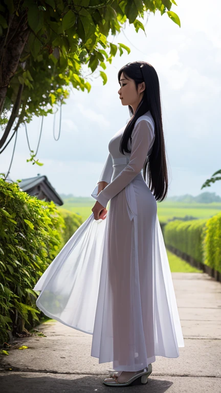 Masterpiece, a wide angle shot, full-body beautiful Asian woman, long soft hair, wearing a white ao dai in Vietnam, under soft but impressive clouds in the sky, soft and dreamy, fresh green leaves on a white background, inspired by Tran Ke Nhu, right cross light, juno promotional photo, profile photo, looking straight at the camera.