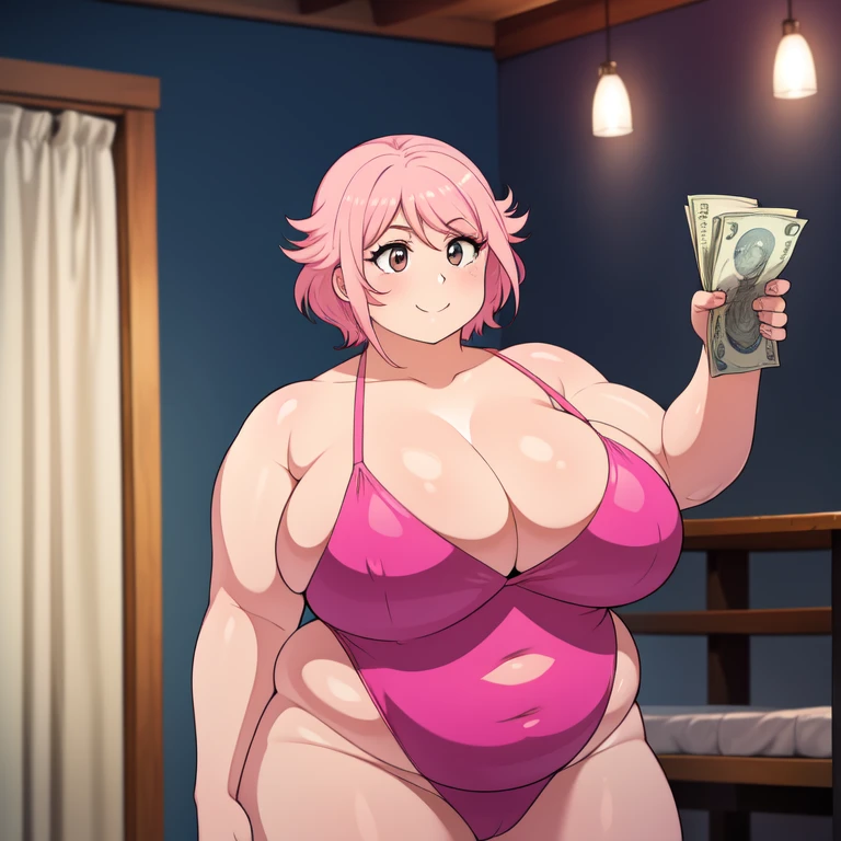 Plump year 21 big breasts pink  hair brown eyes chubby spiked longer hair smile swinsuit in a dimly lit room holding a dolar in hand