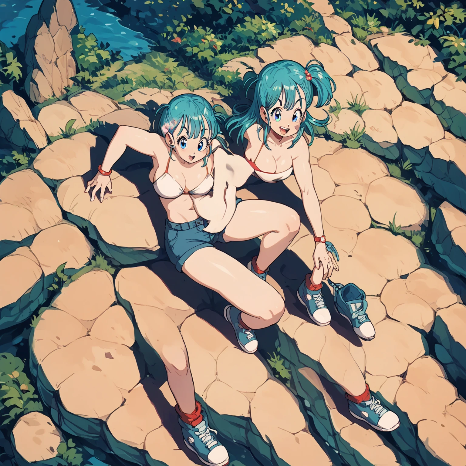 Bulma in a white bikini standing on a cliff