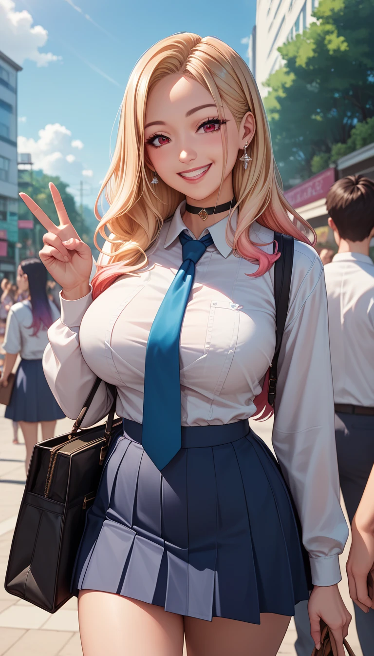 ( best quality:1.2,  anime artwork,  several people having fun with each other while having very detailed ,  high detail, Digital coloring,  high contrast, masterpiece:1.2,  best quality,  best aesthetics ), (((Kitagawa Marin,  1 girl))),  blond hair, Straight hair ,  Pink Gradient Hair, red eyes,  earrings for a woman alone,  white shirt,  black choker ,  blue tie ,  check skirt, Green, smile,  standing ,  COWBOY SHOOTING , Outdoor,Big Breasts、 holding a bag peace sign near his face、Two fingers