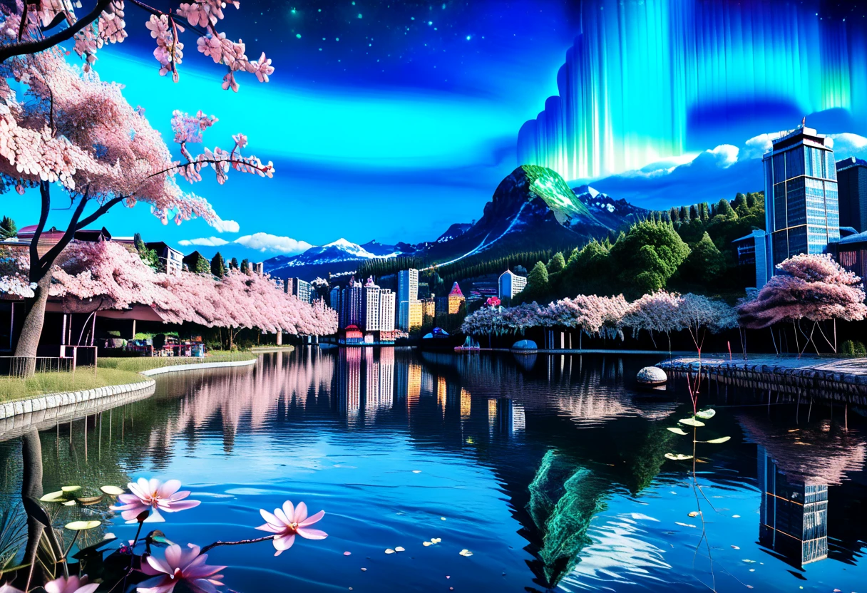 score_9, score_8_up, score_7_up, 3d, (Photo), (Scenic Background, View of Modern City surrounded by a lake, a large Modern Neon City at the center of the lake, with skyscrapers and tall buildings, aurora and stars fill the night sky, in the center of the lake is a massive cherry blossom tree: 1.3), extremely detailed, ray tracing, RTX, high saturation, high contrast, photon mapping, gloomy, (sharp image), (best quality), (detailed background), (intricate details), (lowkeylights_v2), (Dark), (Low-Key)
