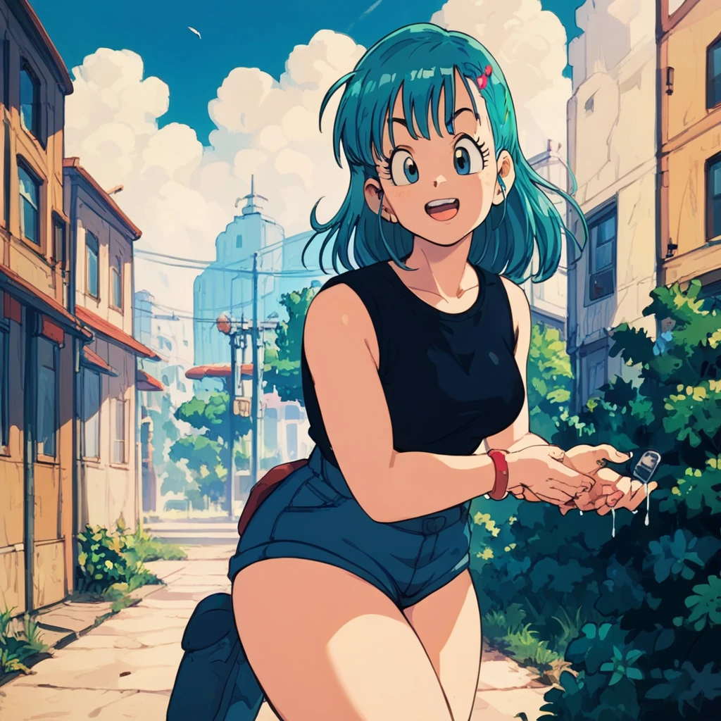 Bulma in a white bikini standing on a cliff