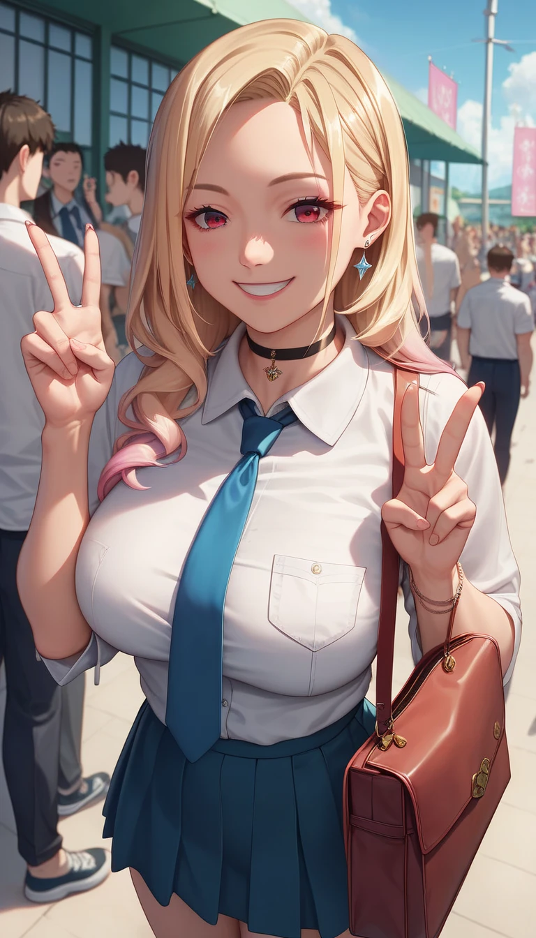 ( best quality:1.2,  anime artwork,  several people having fun with each other while having very detailed ,  high detail, Digital coloring,  high contrast, masterpiece:1.2,  best quality,  best aesthetics ), (((Kitagawa Marin,  1 girl))),  blond hair, Straight hair ,  Pink Gradient Hair, red eyes,  earrings for a woman alone,  white shirt,  black choker ,  blue tie ,  check skirt, Green, smile,  standing ,  COWBOY SHOOTING , Outdoor,Big Breasts、 holding a bag peace sign near his face、Two fingers