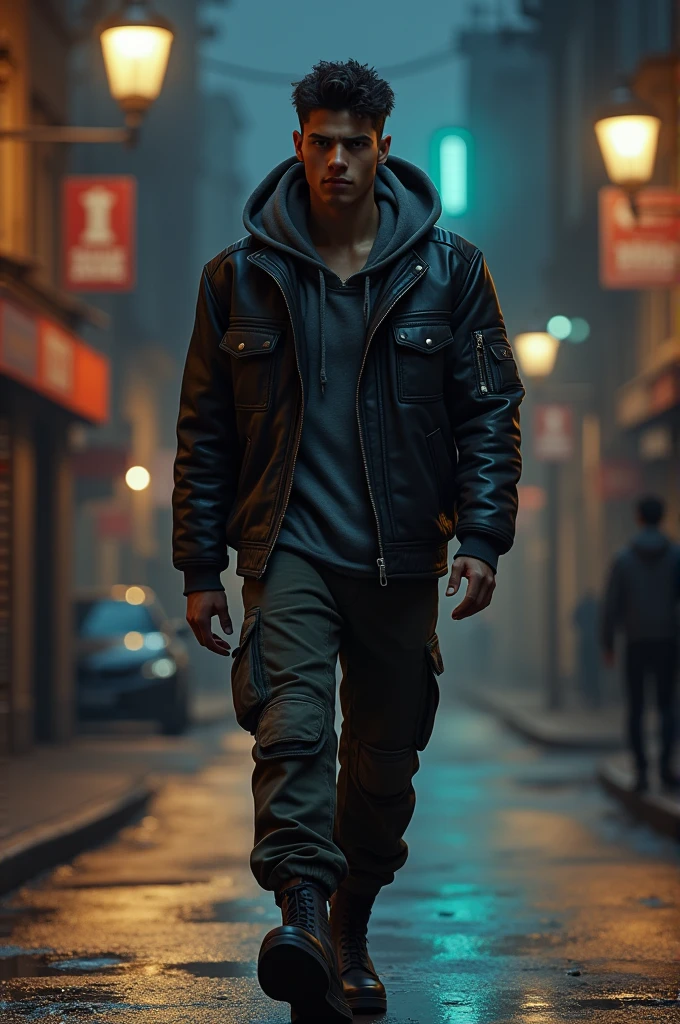 Muscular ager boy with layering outfit and walking at night 