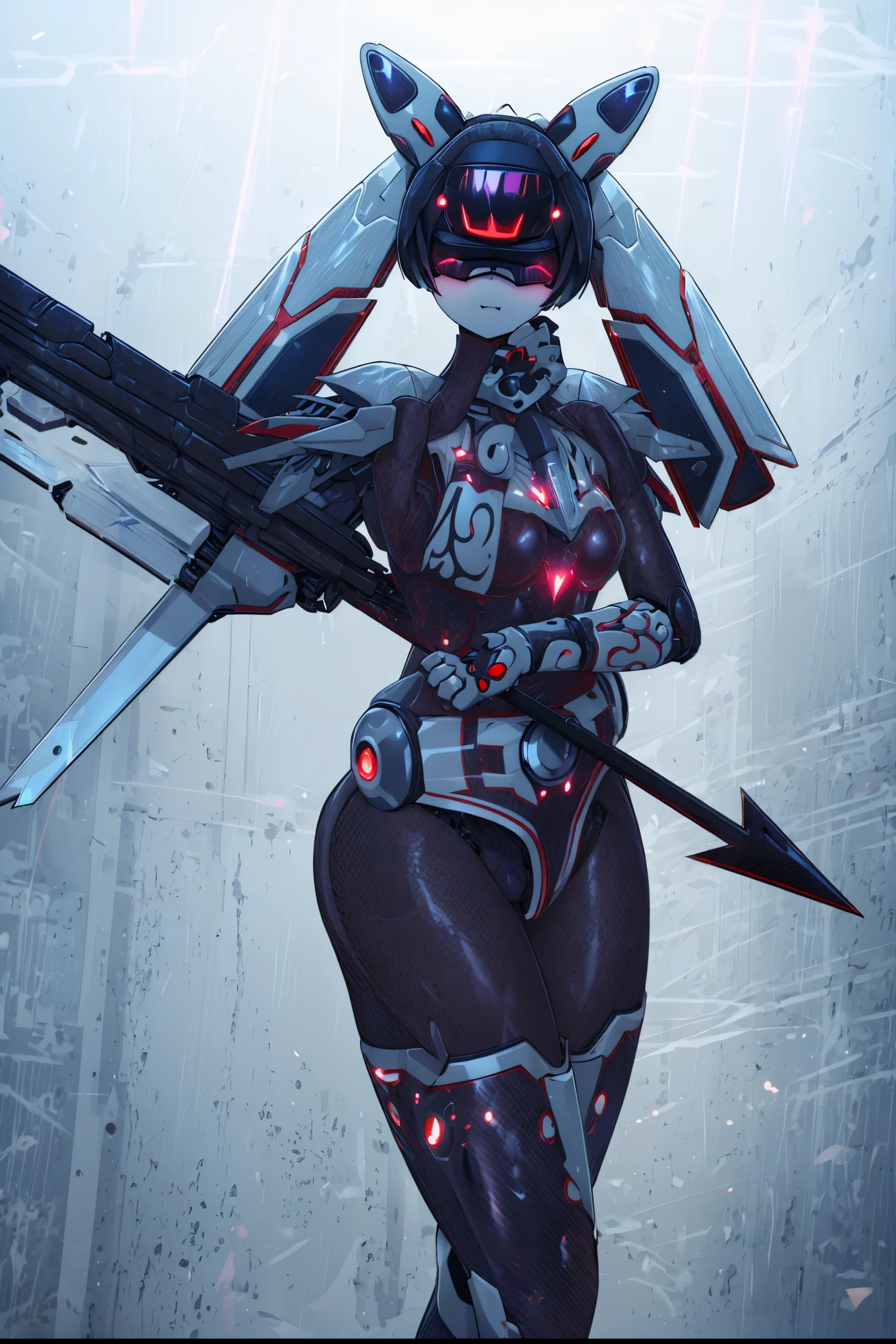  Mechanical Girl ，Armored Girl， black tights， black tights，机械Eye mask， mechanical double ponytail 。Mechanical cat ears ， mechanically structured animal ears 。Standing in an abandoned city with a big sword ，Mechanical greatsword，Mechanical sword。 black gloves ，Black cuirass， black knee socks ， black knee socks ， red glowing lines ，Black with red。Eye mask， goggles that cover the eyes， mechanical goggles ，遮住眼睛的Eye mask